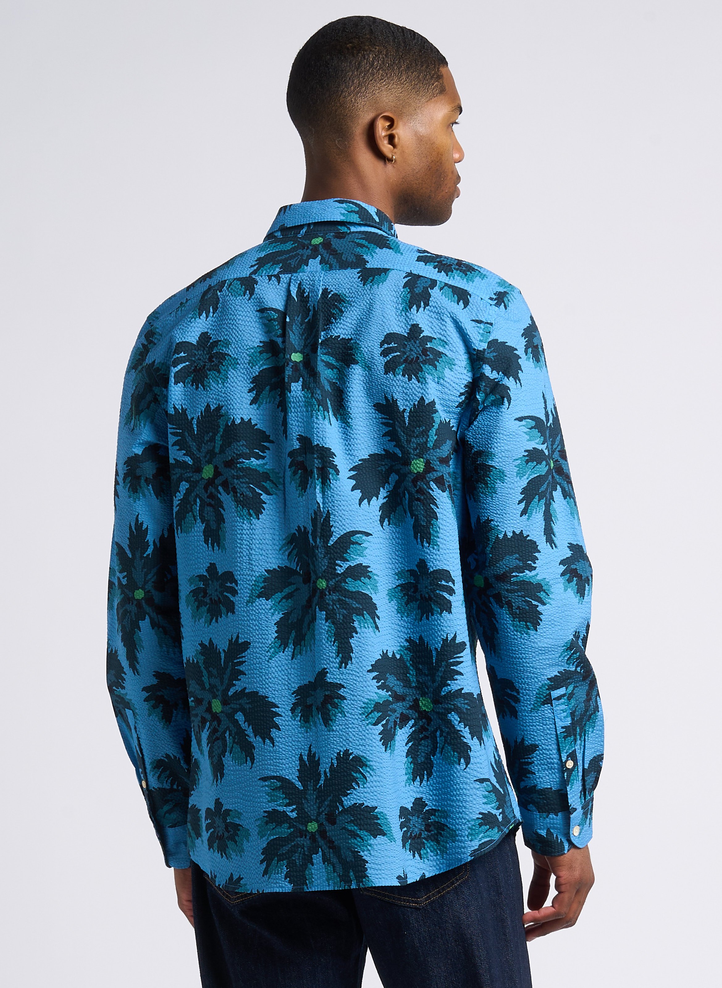 Printed cotton shirt with classic collar Blue