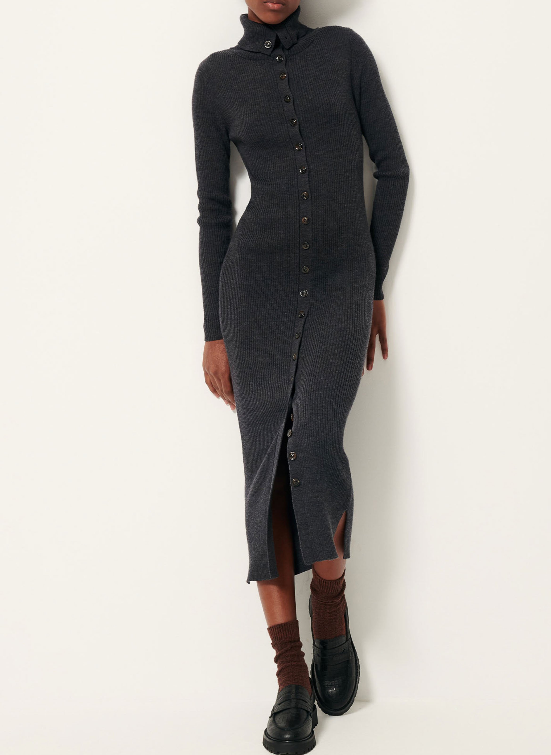 Robe longue col montant en laine mérinos côtelée SESSUN Gris