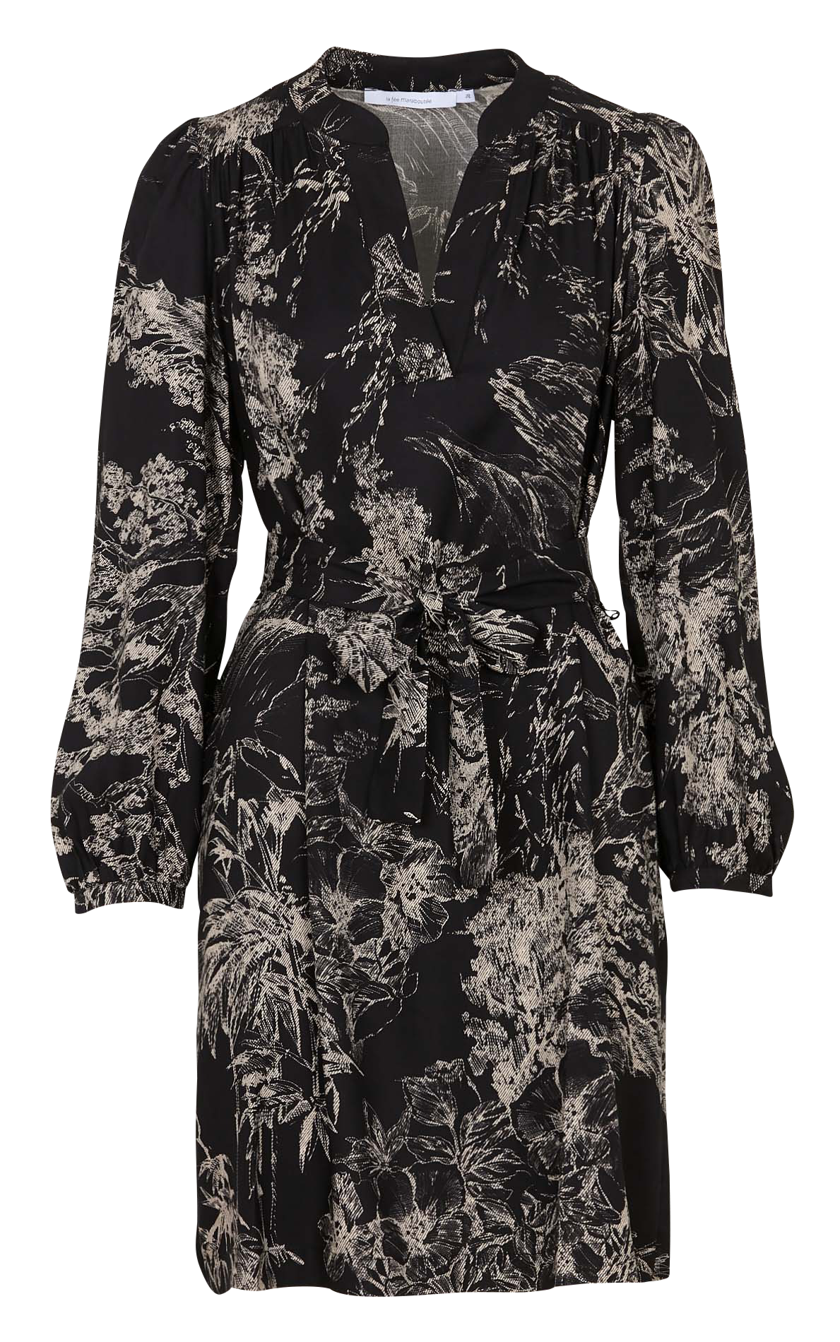 Robe midi col tunisien à imprimé végétal LA FEE MARABOUTEE Noir