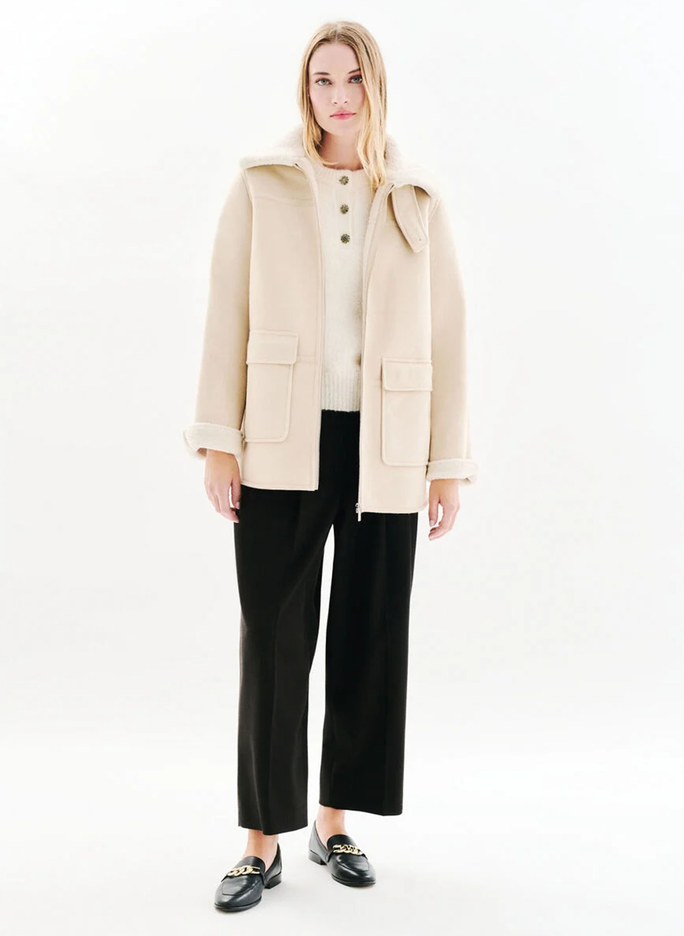 Straight zip coat with pockets CAROLL Beige