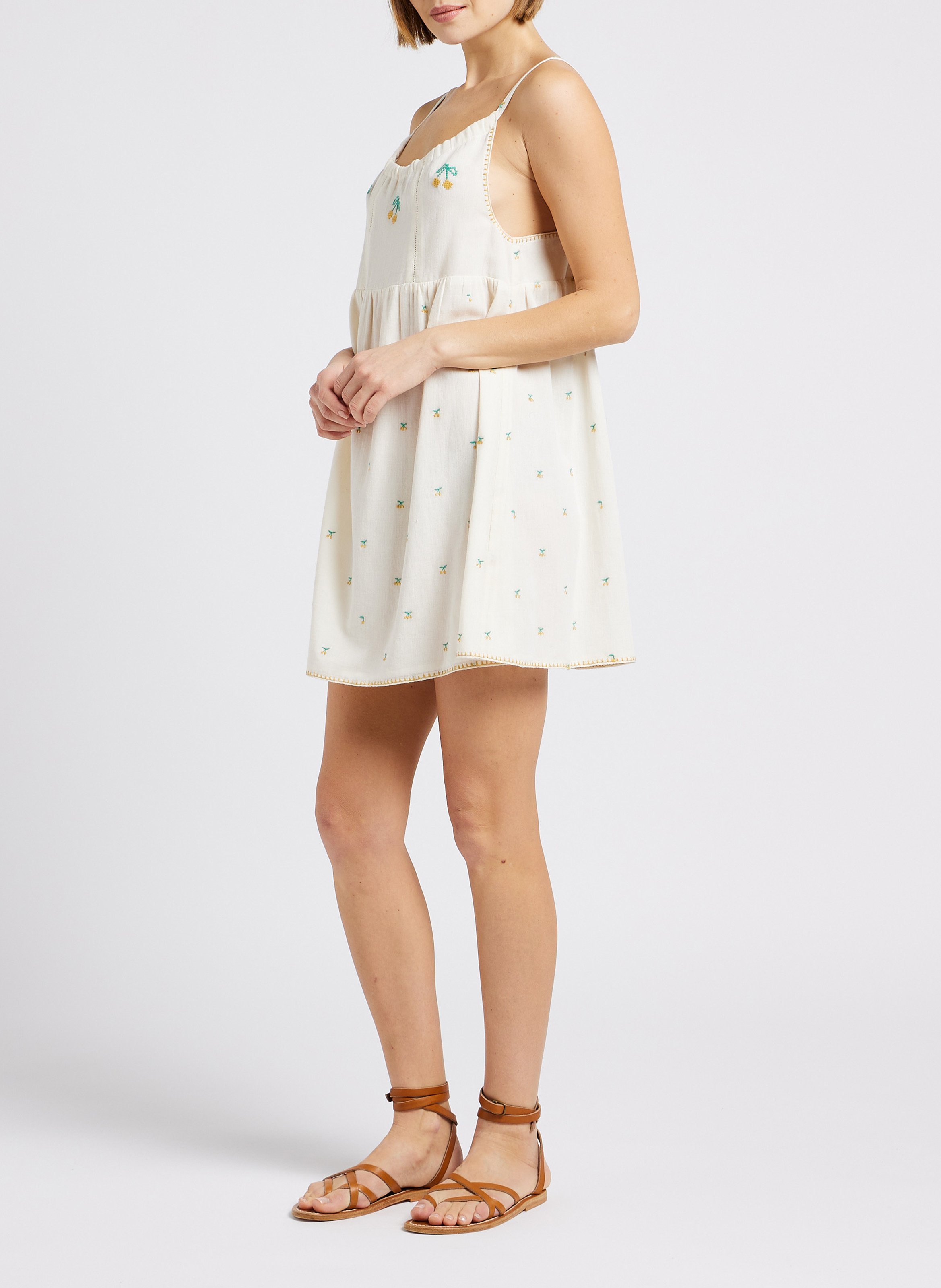 Robe courte droite encolure ronde en coton brodé EMILE ET IDA Blanc