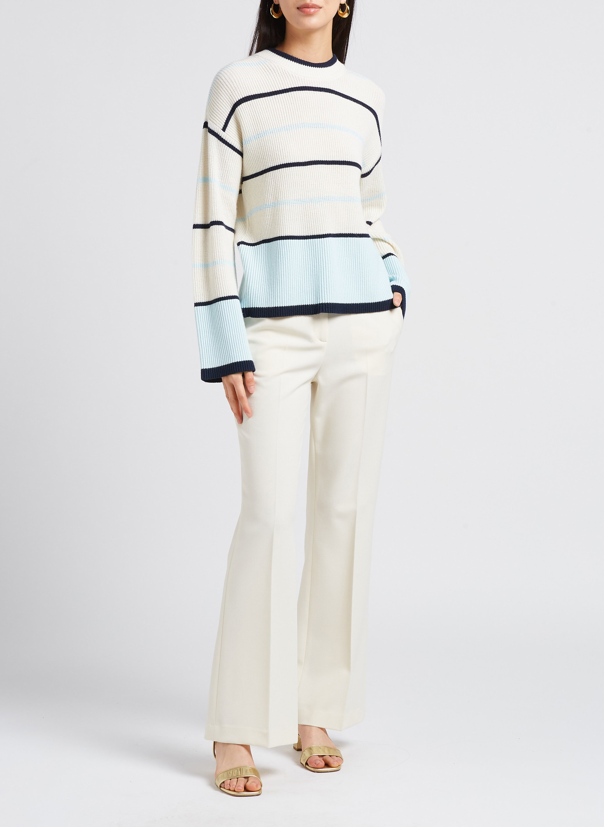 Striped mixed-knit round-neck sweater MOSS COPENHAGEN White