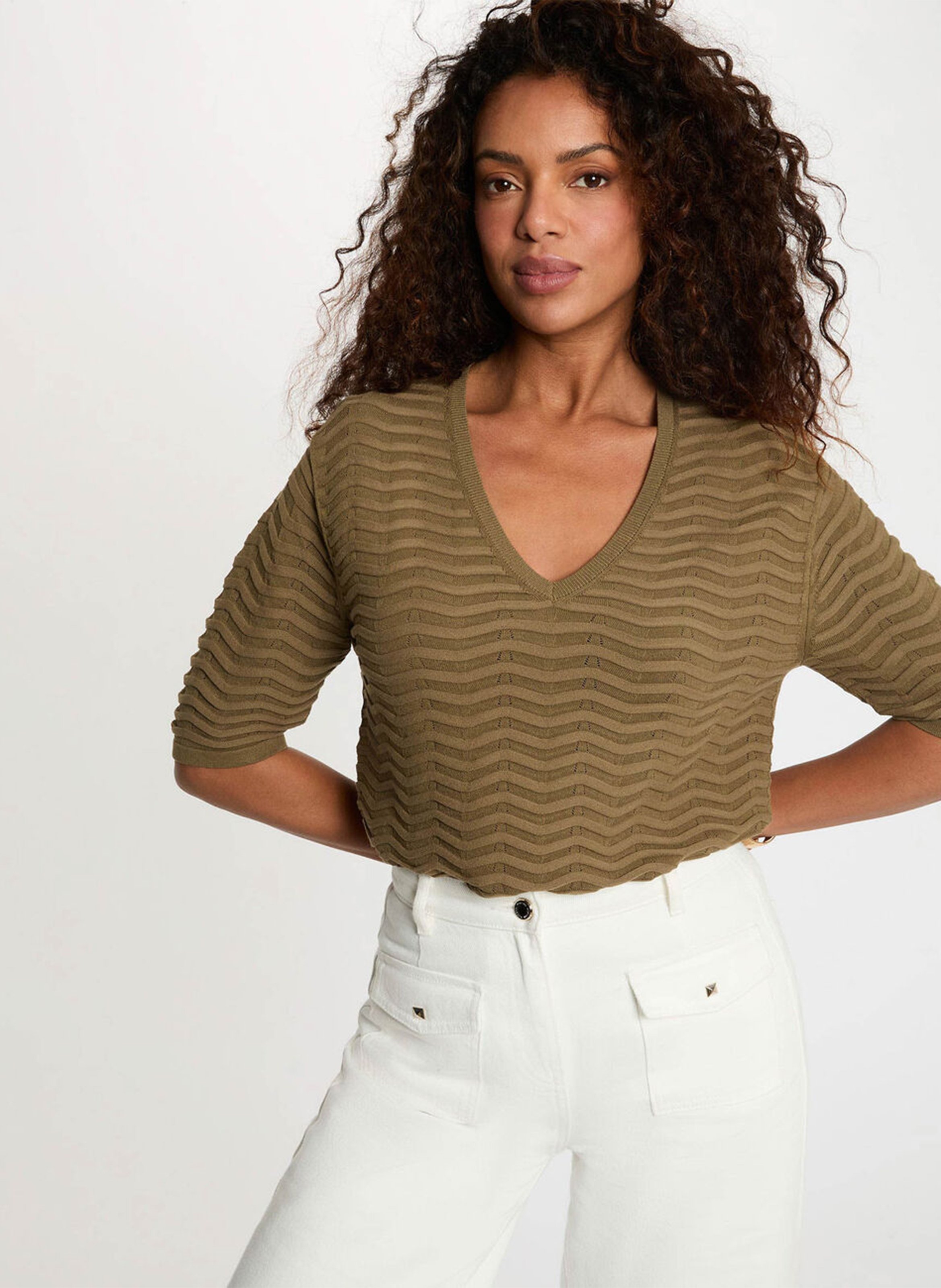 Straight-cut V-neck knit sweater MORGAN Green