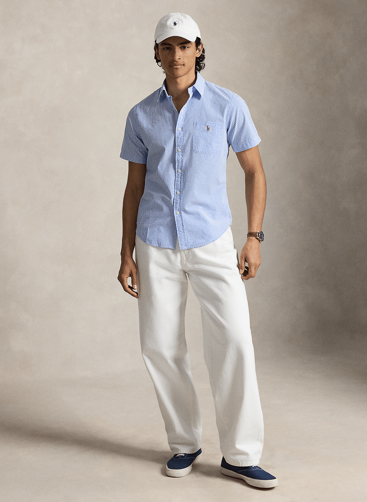 Chemise droite col classique en coton rayé POLO RALPH LAUREN Bleu