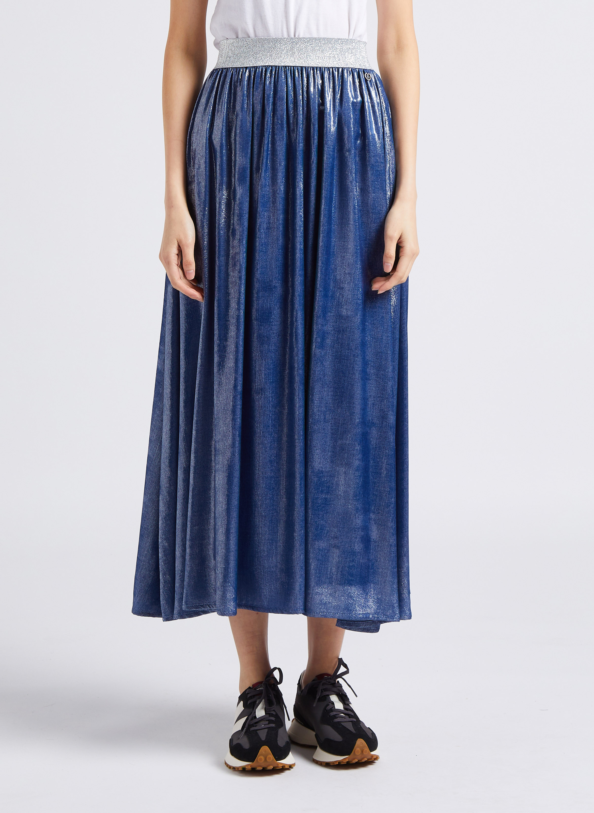 Jupe midi taille haute effet jean satiné PLEASE Bleu