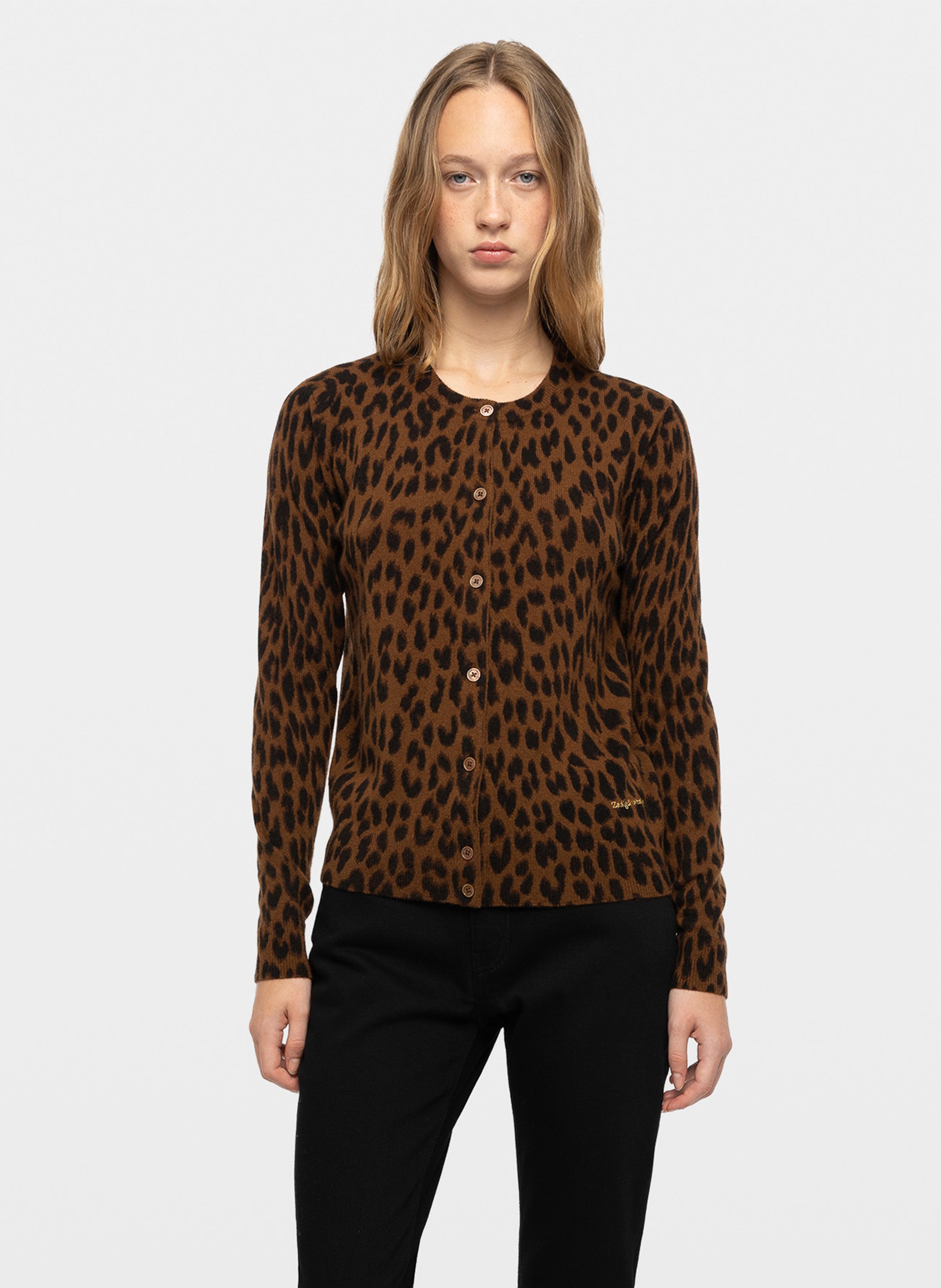 Leopard print straight cardigan in wool and cashmere ZADIG&VOLTAIRE Beige
