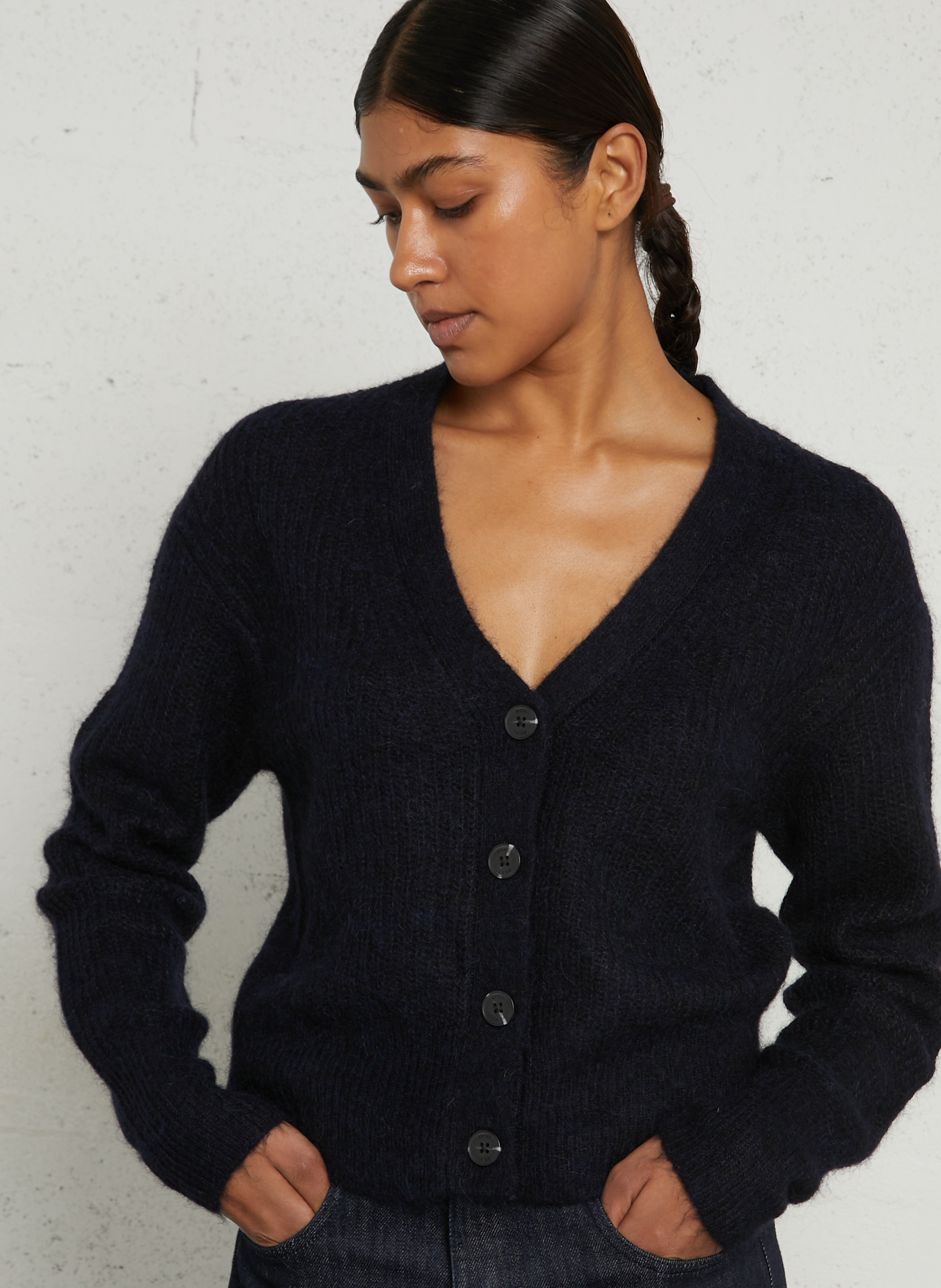 Cardigan col V boutonné en laine mélangée IKKS Bleu