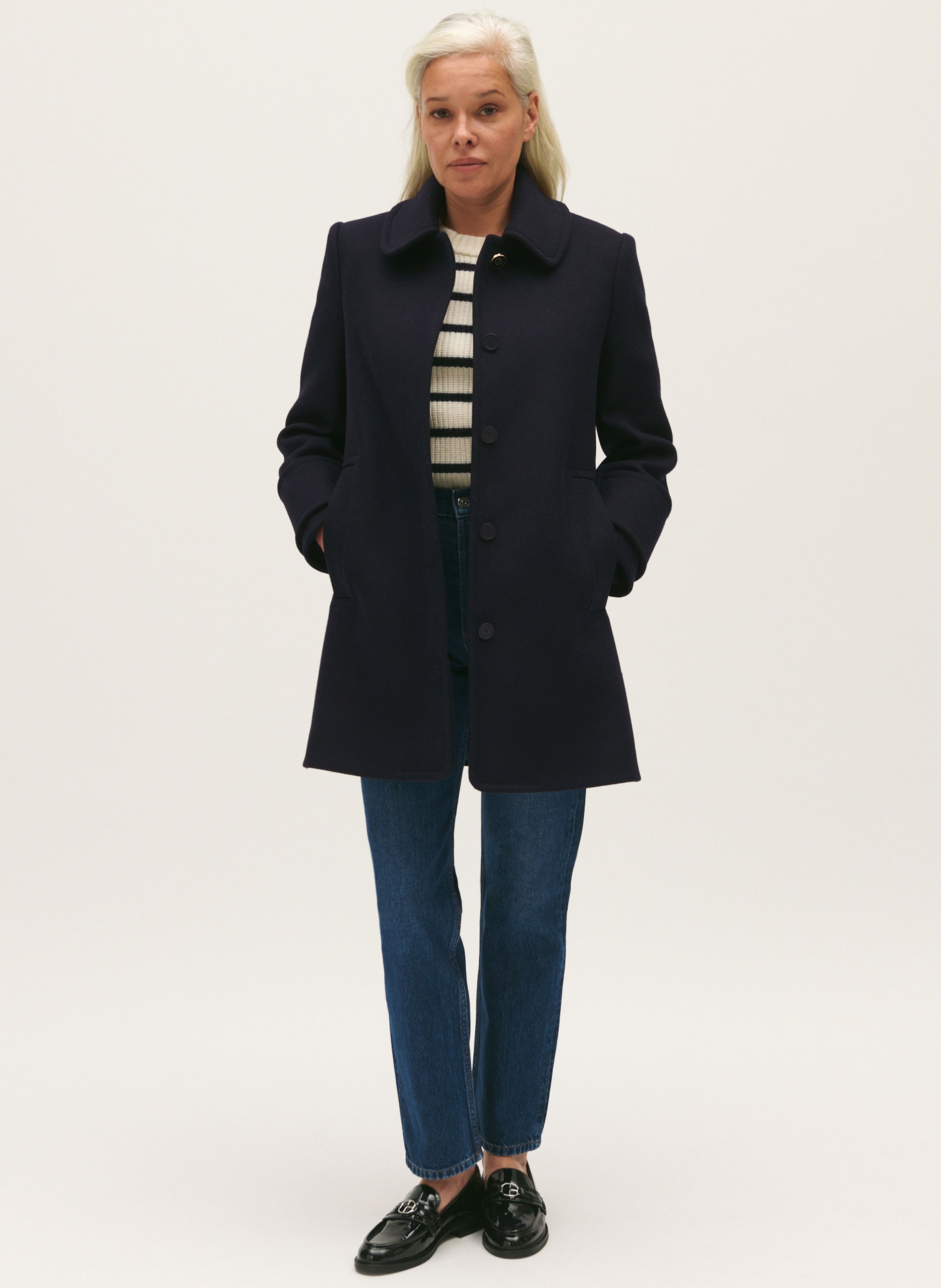 Manteau droit col claudine en laine m lang e Bleu