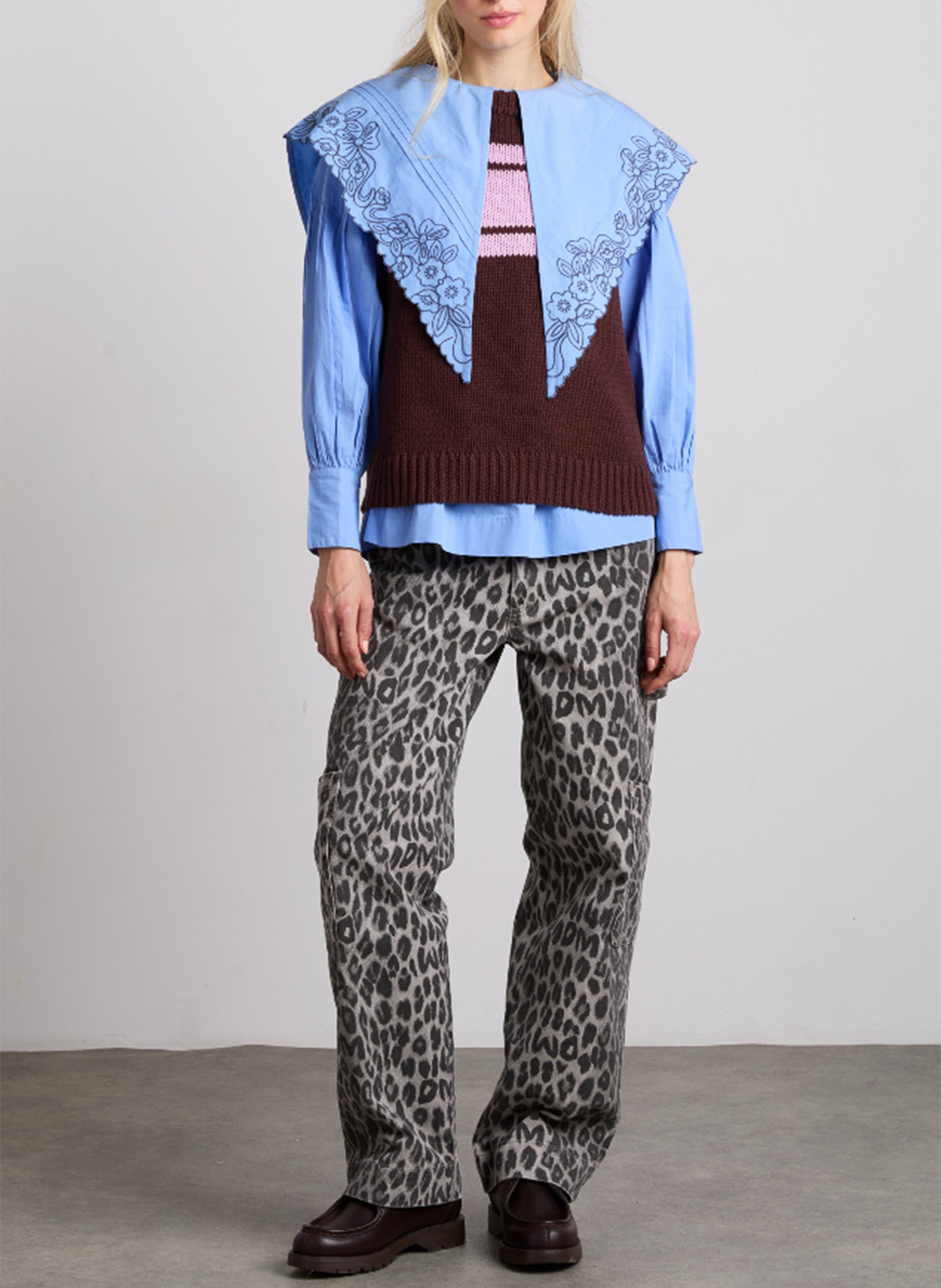 Straight blouse in embroidered organic cotton DAMSON MADDER Blue