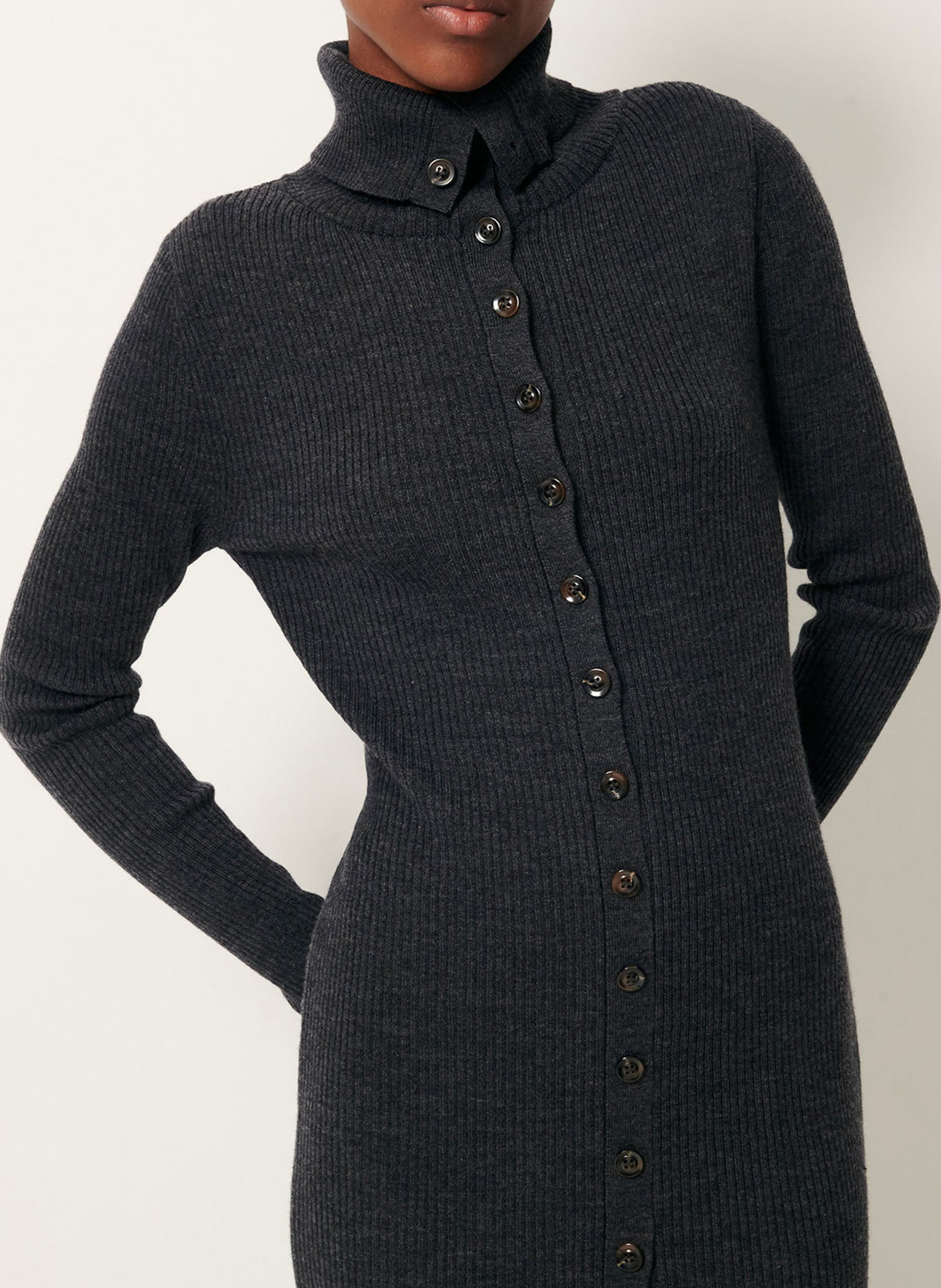 Robe longue col montant en laine mérinos côtelée SESSUN Gris