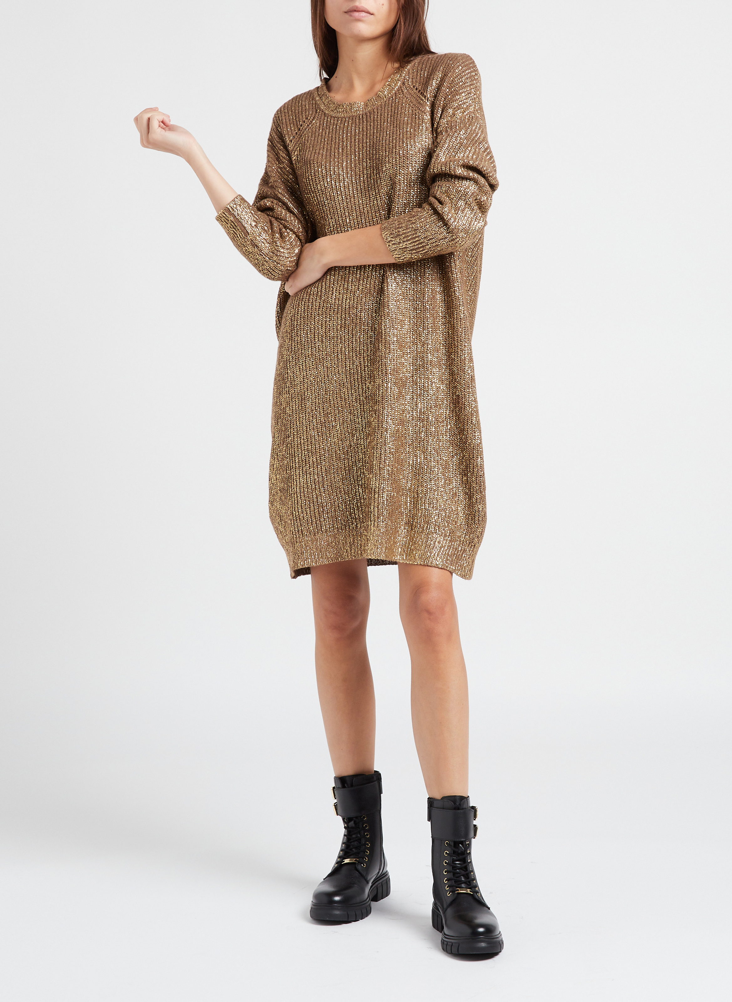 Korte, gebreide jurk met ronde hals PINKO Bruin