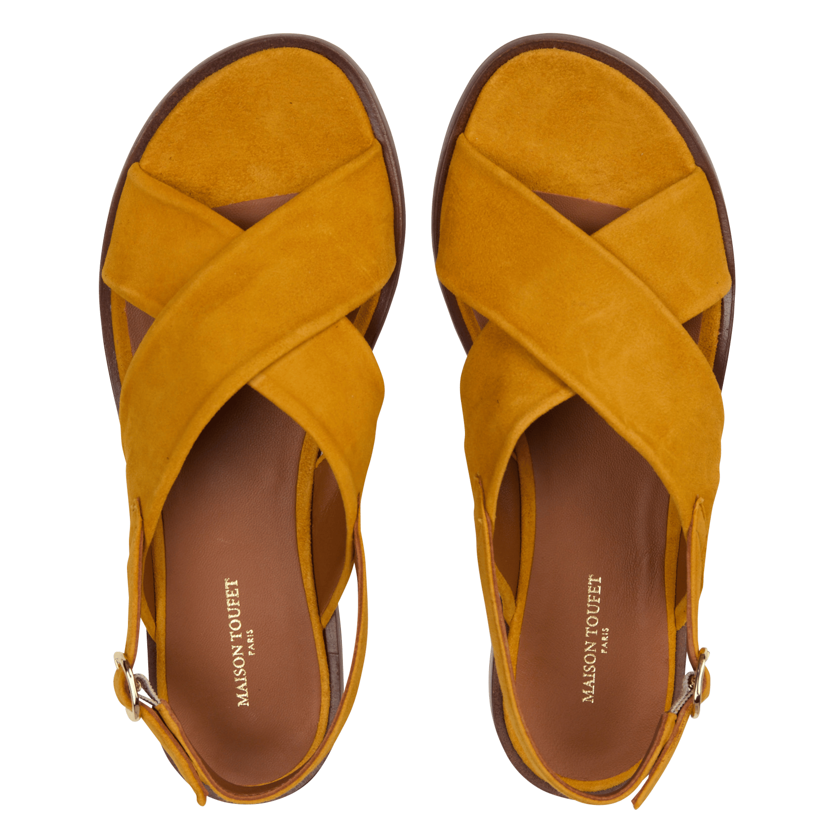 Flache Sandalen mit Riemchen aus Wildleder Gelb