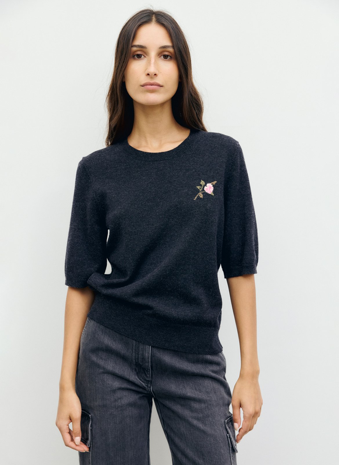Pull droit col rond manches courtes en laine GERARD DAREL Gris