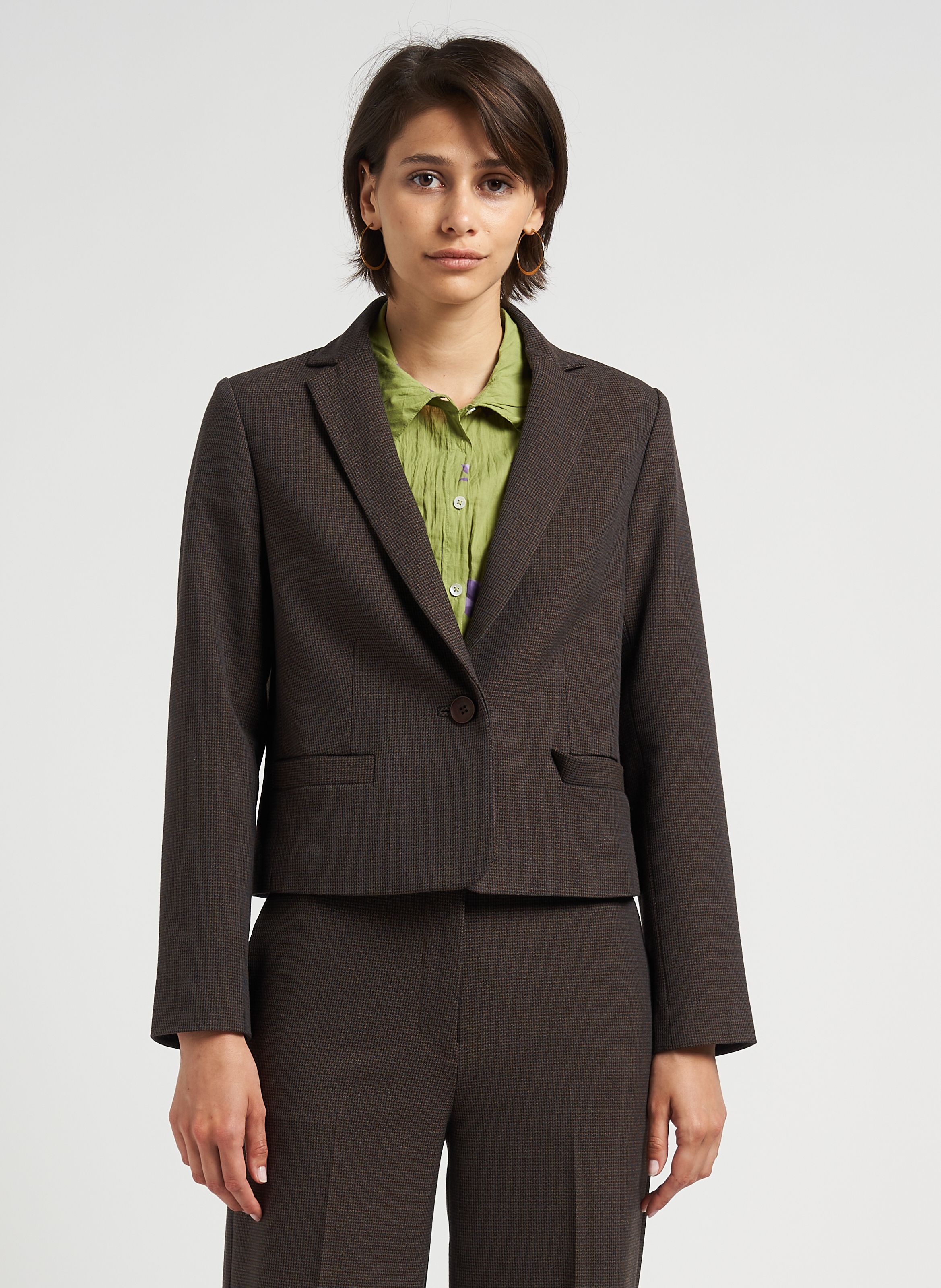 Veste courte col tailleur carreaux Marron