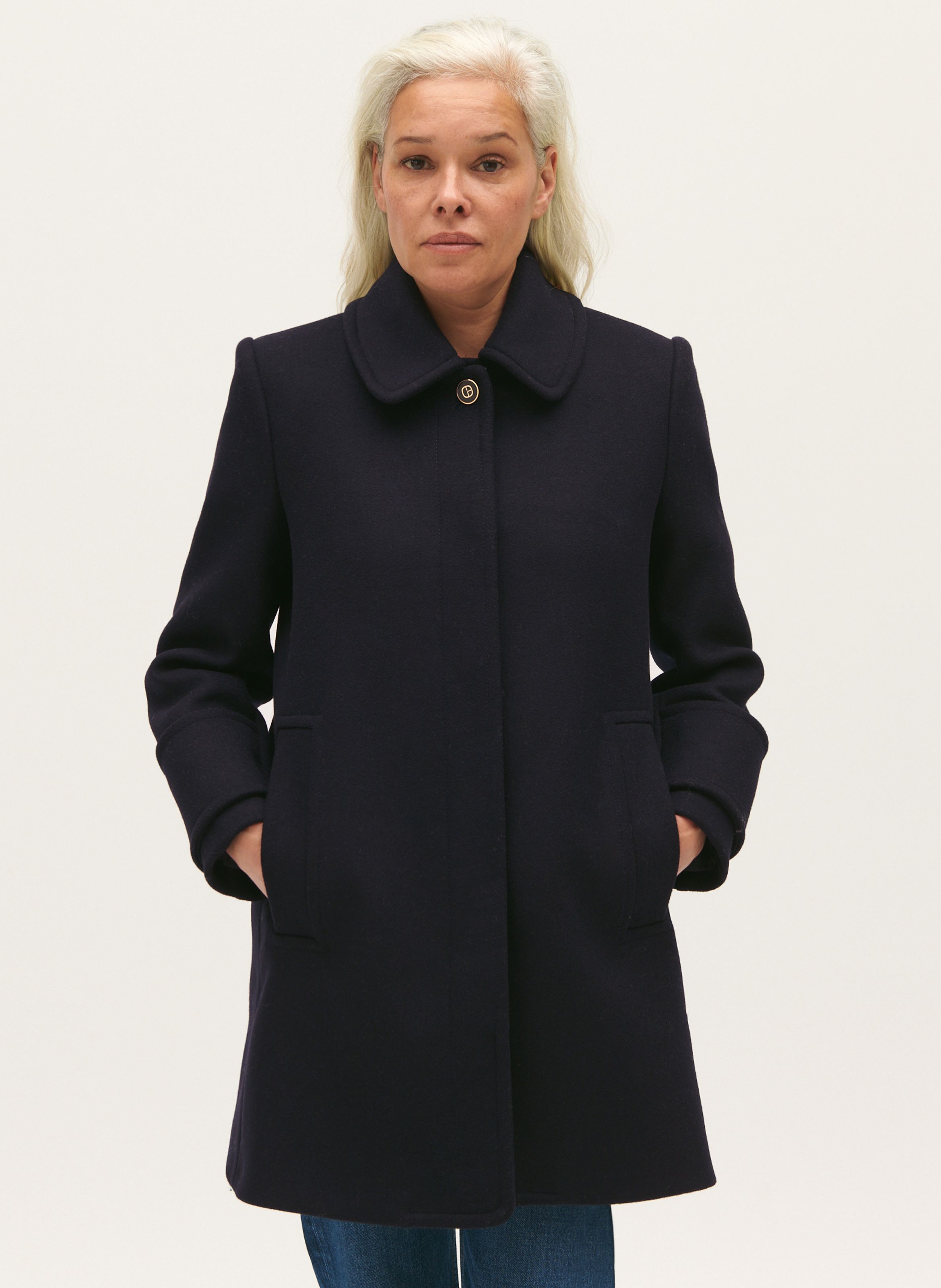 Manteau droit col claudine en laine m lang e Bleu