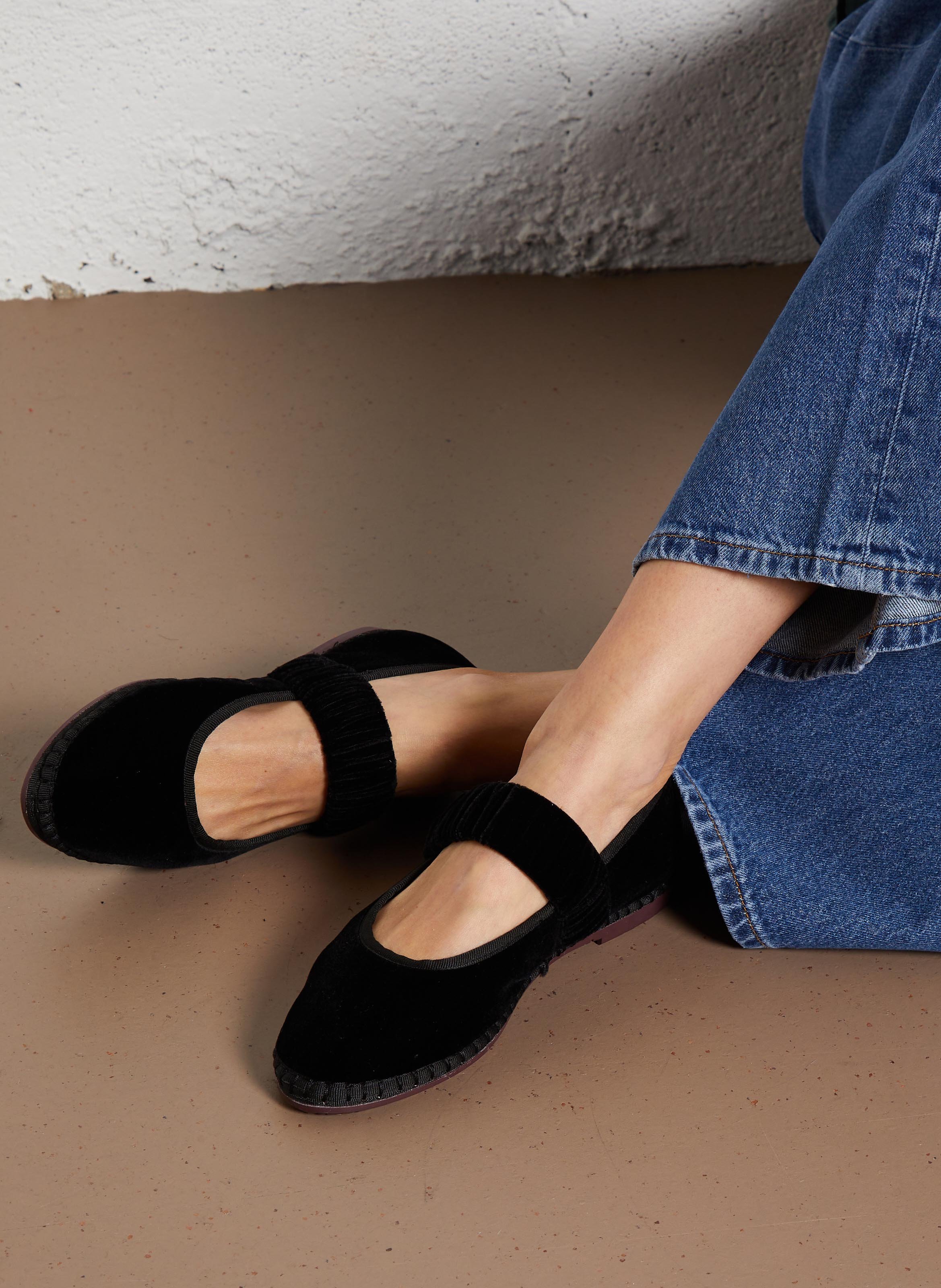 Cotton velvet strap ballerina flats FLABELUS Black