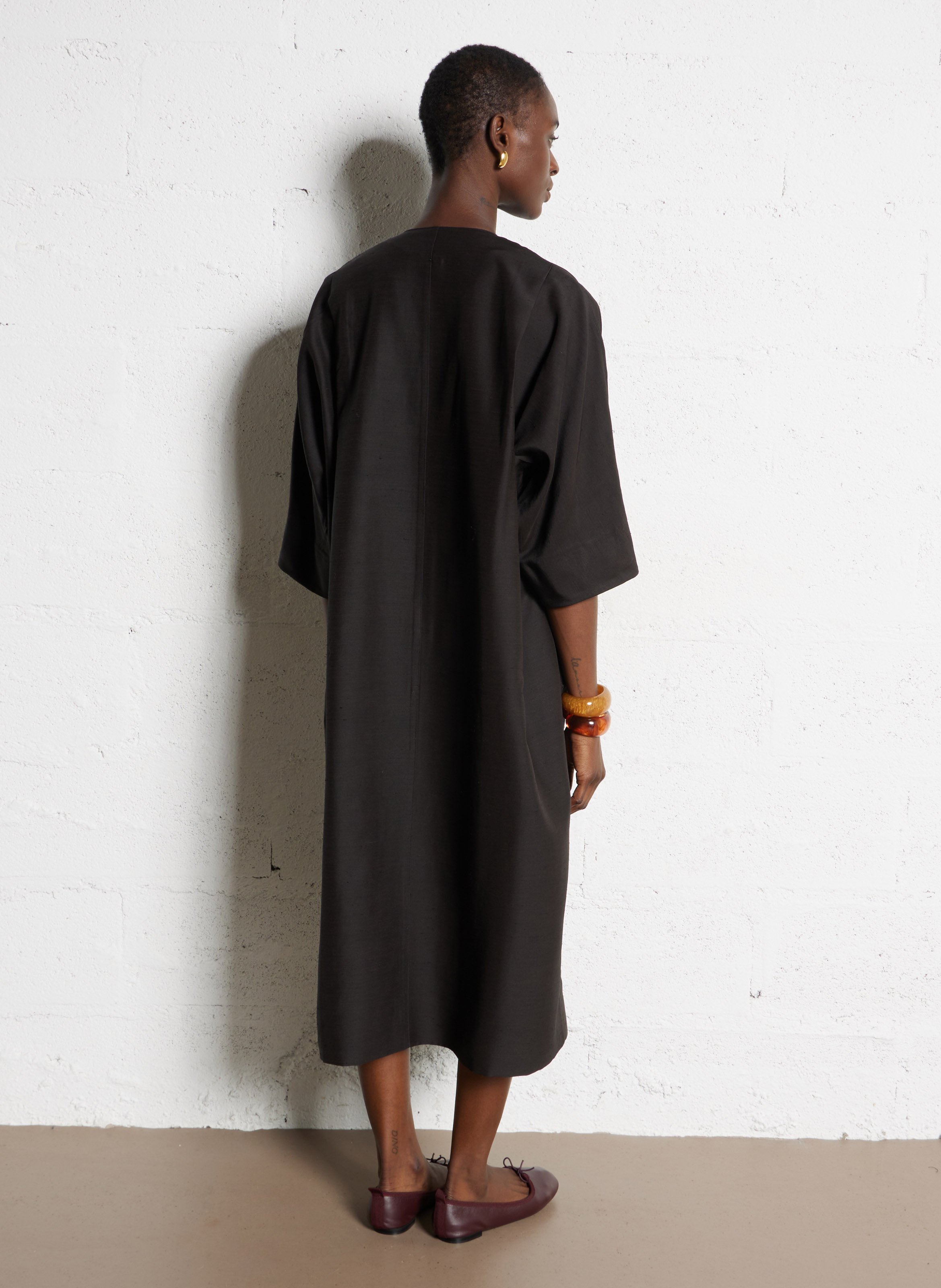 Midi dress with Tunisian collar in blended linen. SOEUR Black