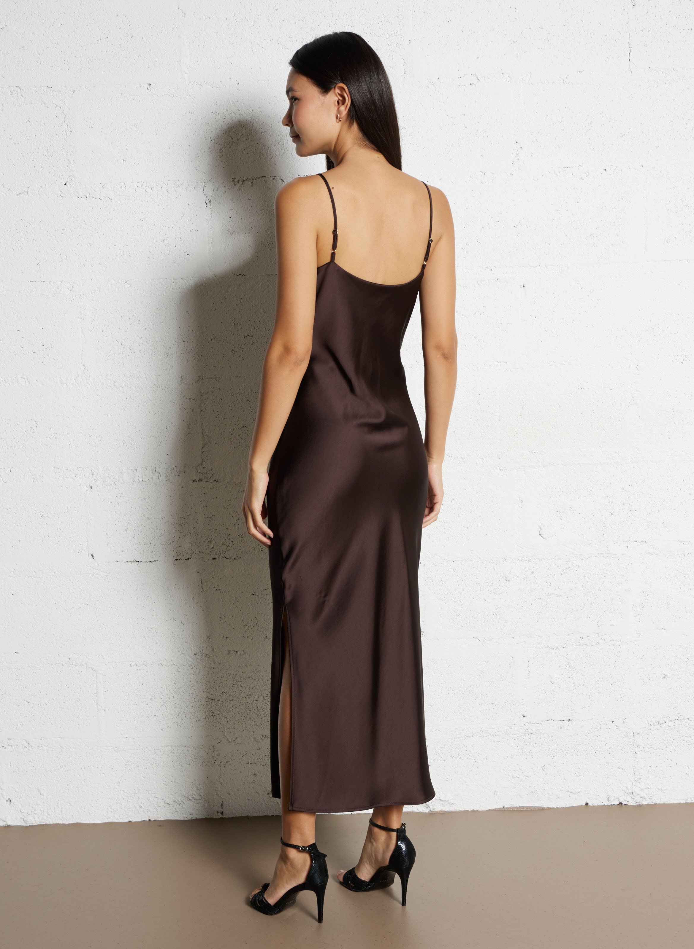 Draped satin midi dress with straps IMPERIAL Brown