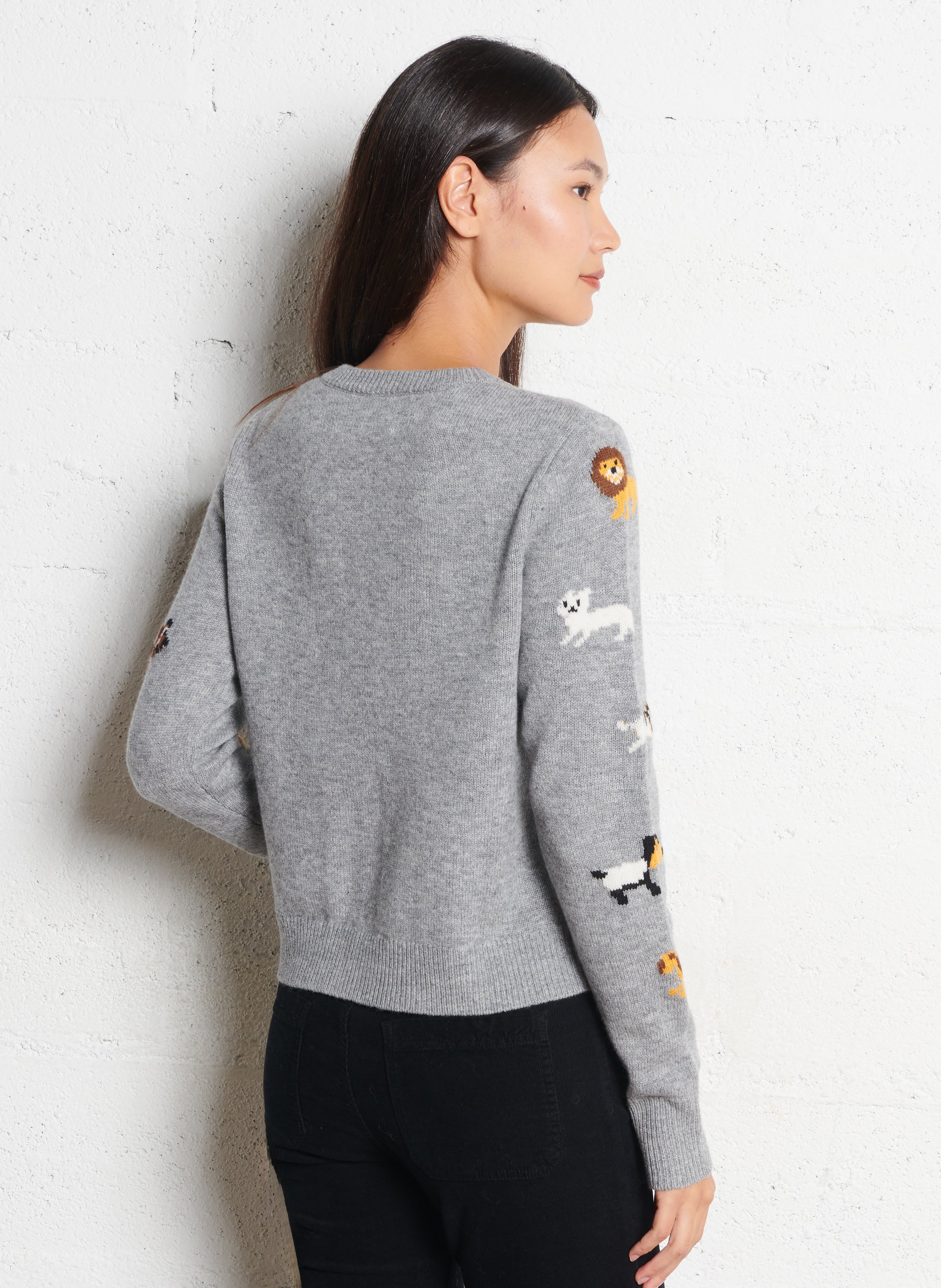 Gerade geschnittene Rundhals-Strickweste aus Merinowolle im Jacquardmuster BERENICE Grau