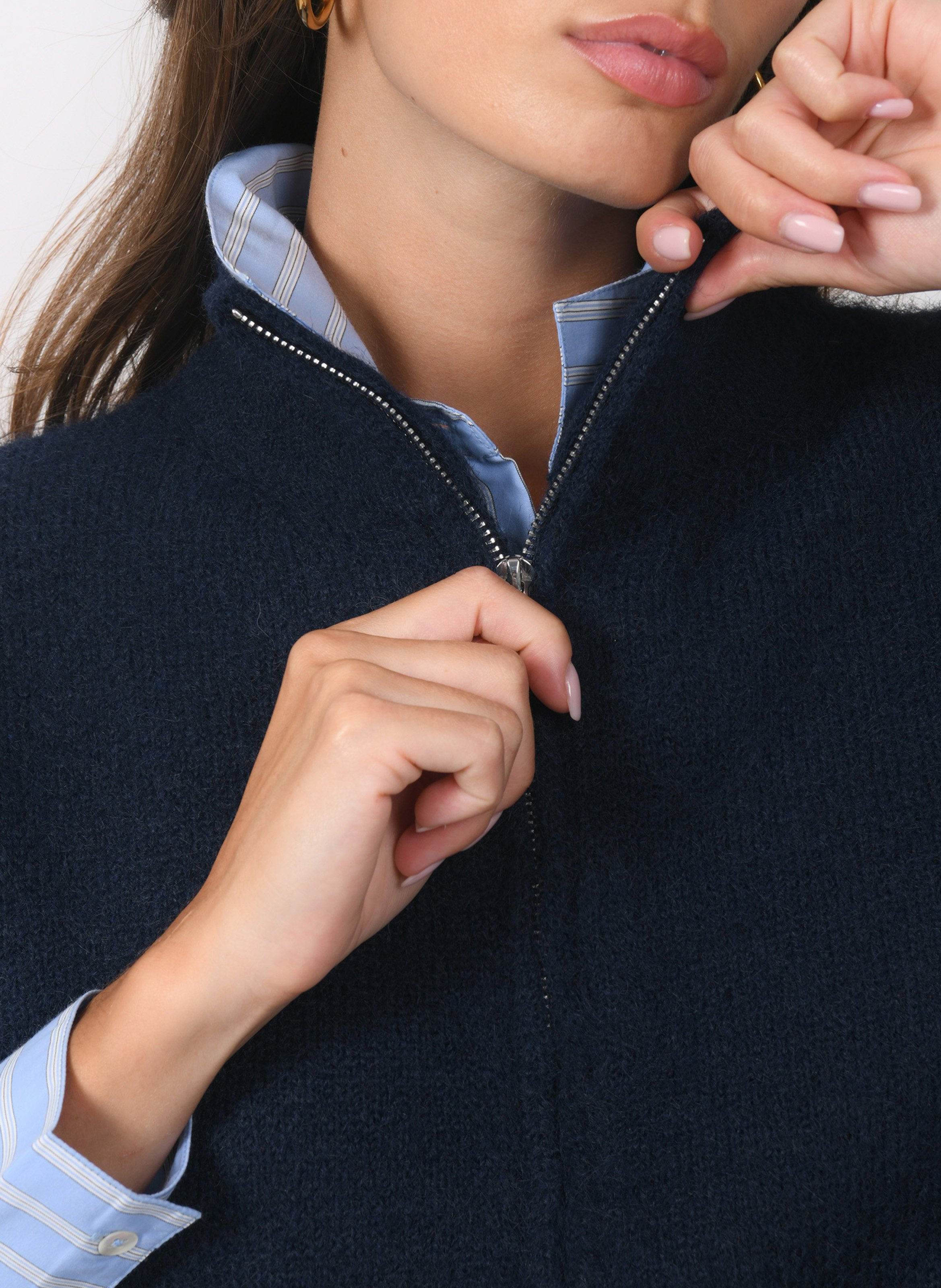 Straight high-neck knit cardigan Blue