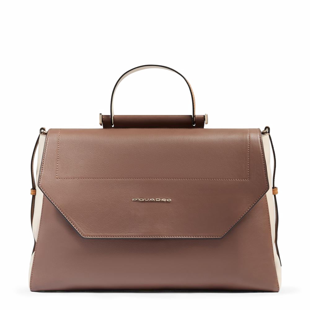 Women's leather satchel bag with laptop compartment, shockproof protection, and RFID shielding PIQUADRO Brown