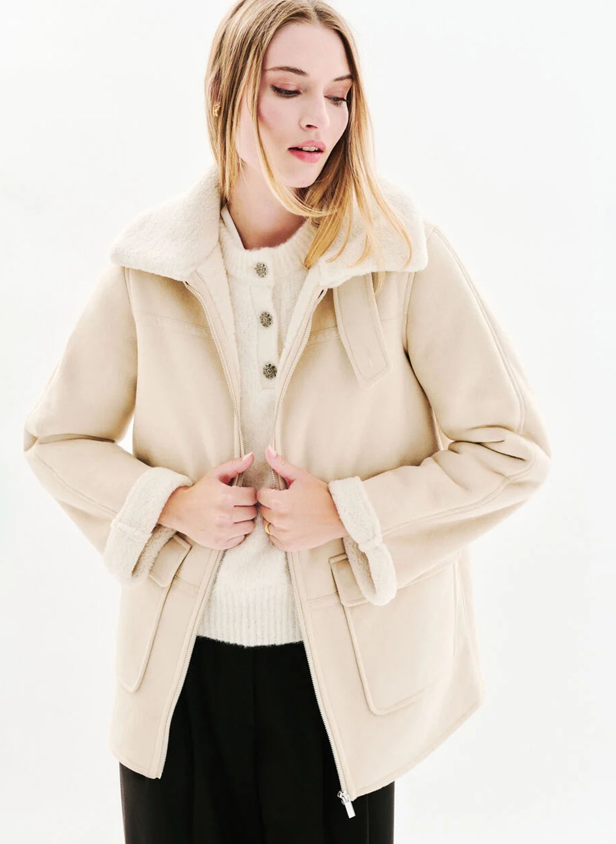 Straight zip coat with pockets CAROLL Beige