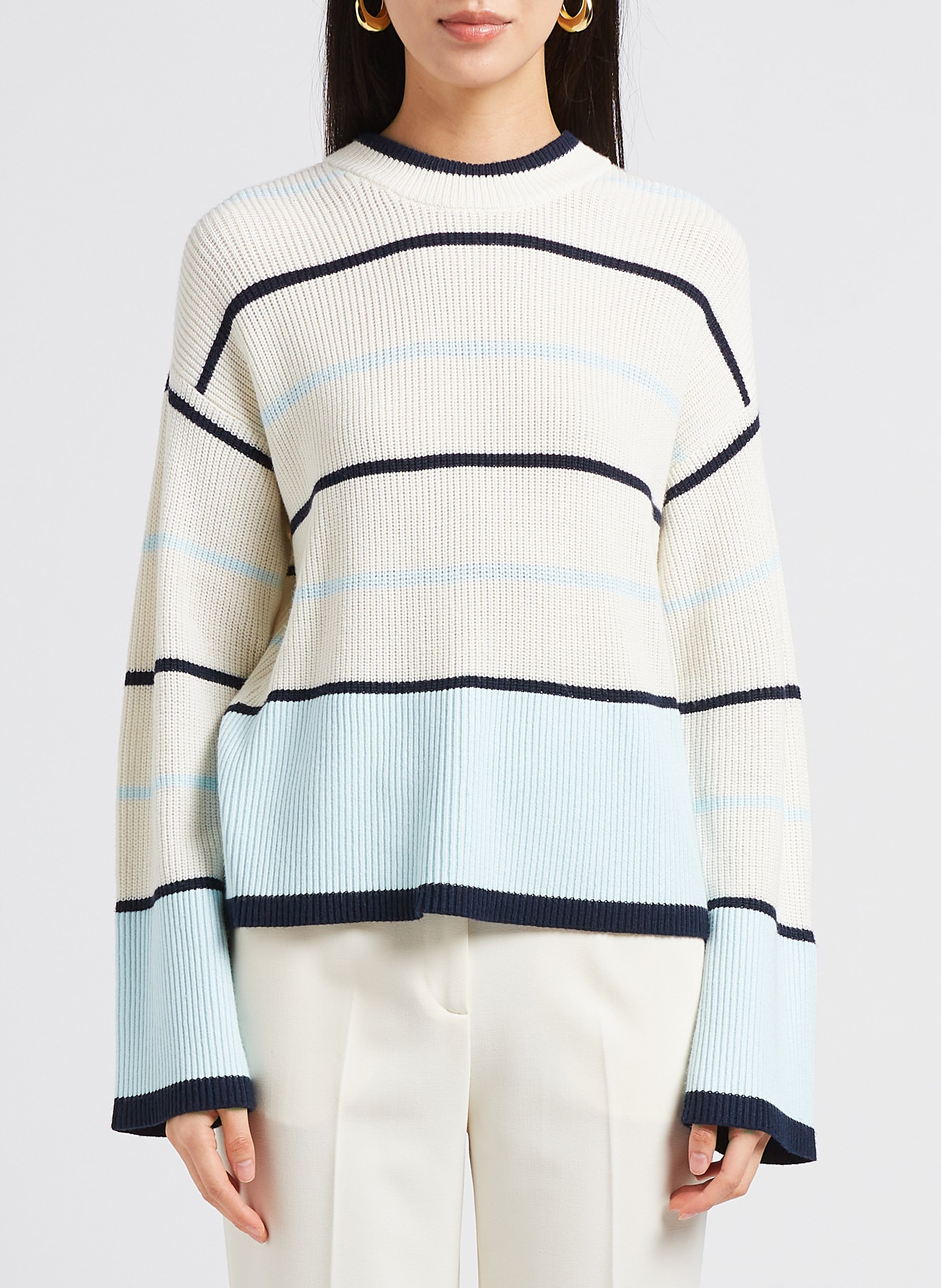 Striped mixed-knit round-neck sweater MOSS COPENHAGEN White