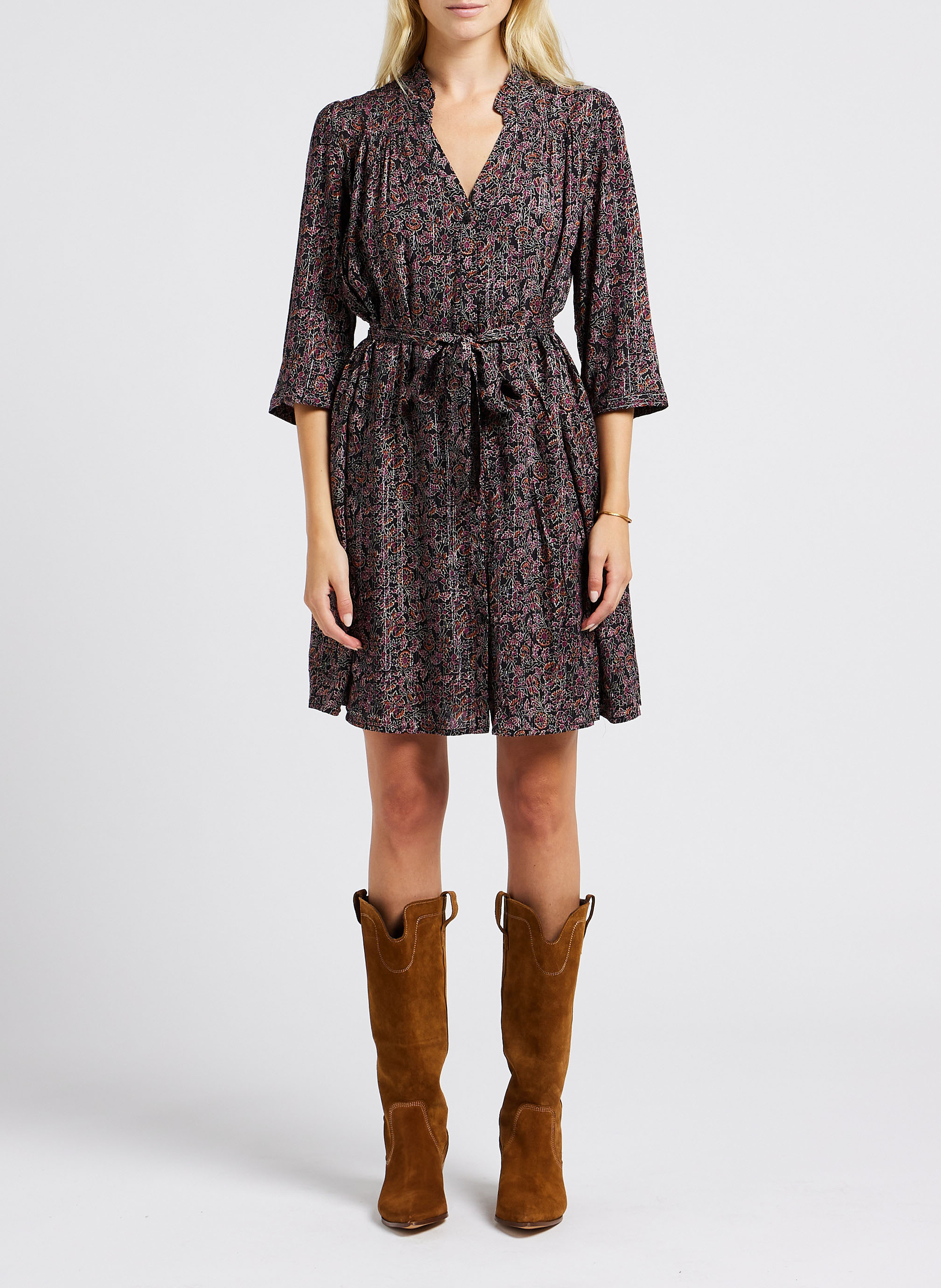 Short printed V-neck dress GRACE ET MILA Black