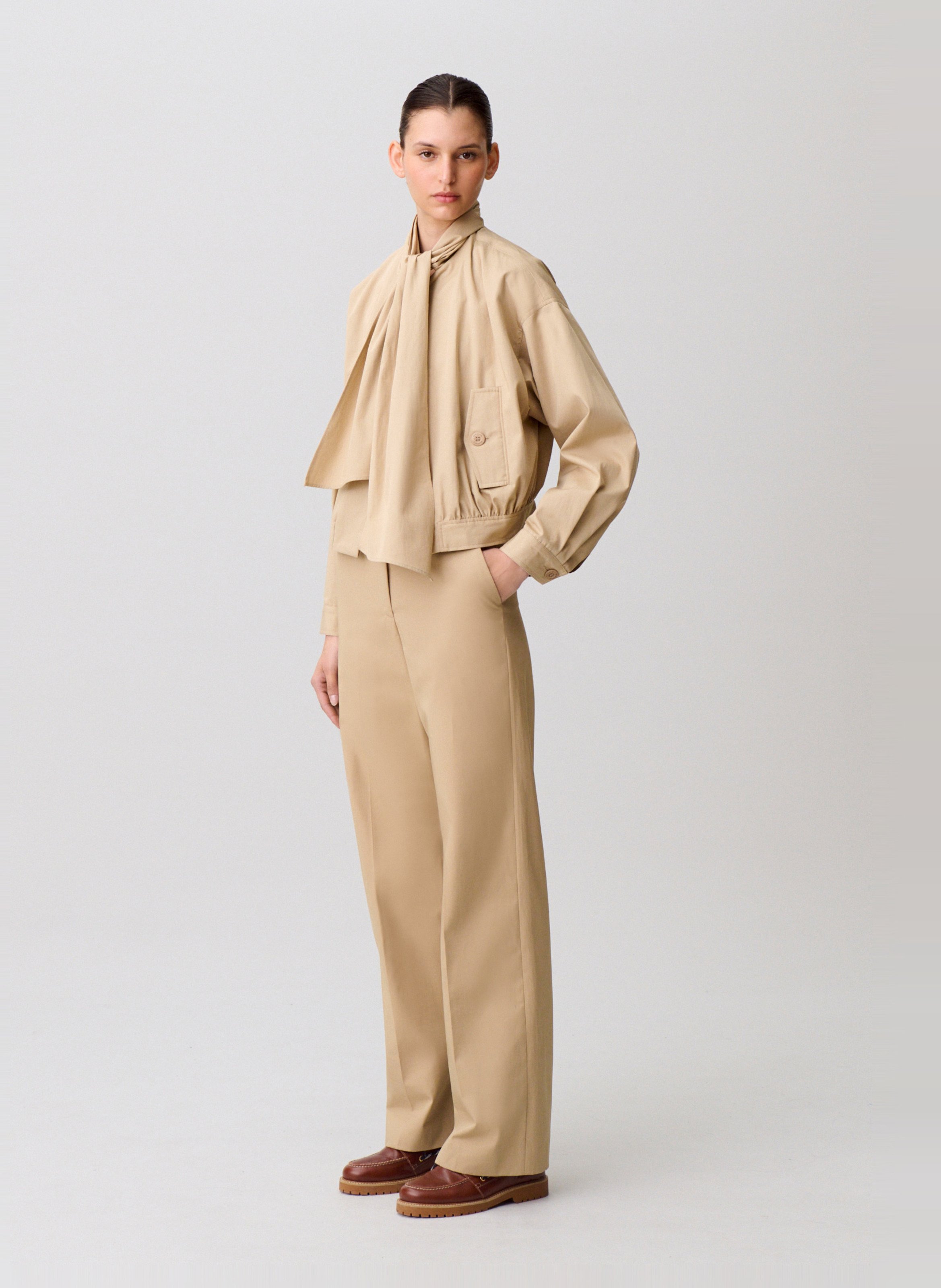 Veste col à nouer uni en coton CLAUDIE PIERLOT Beige