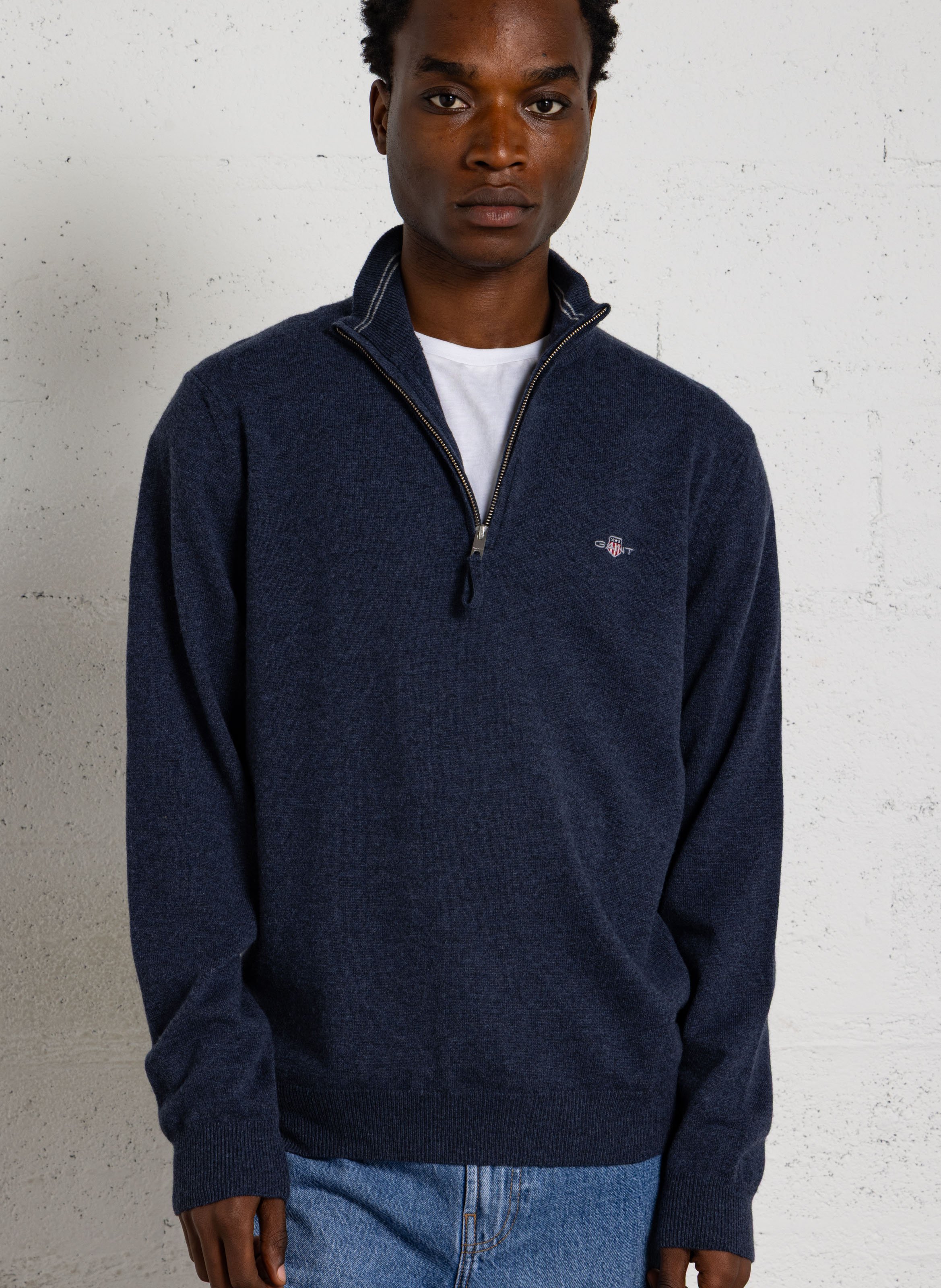 Pull droit col montant zippé en laine GANT Bleu