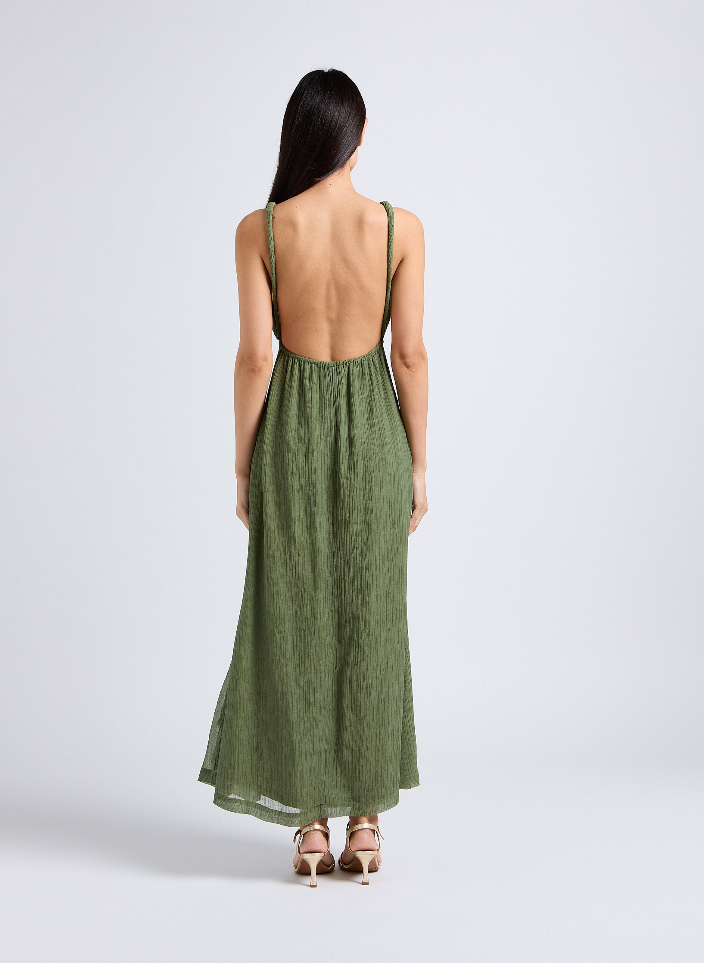 Lange ajourjurk van zijde en linnen met open rug KARMA KOMA Groen