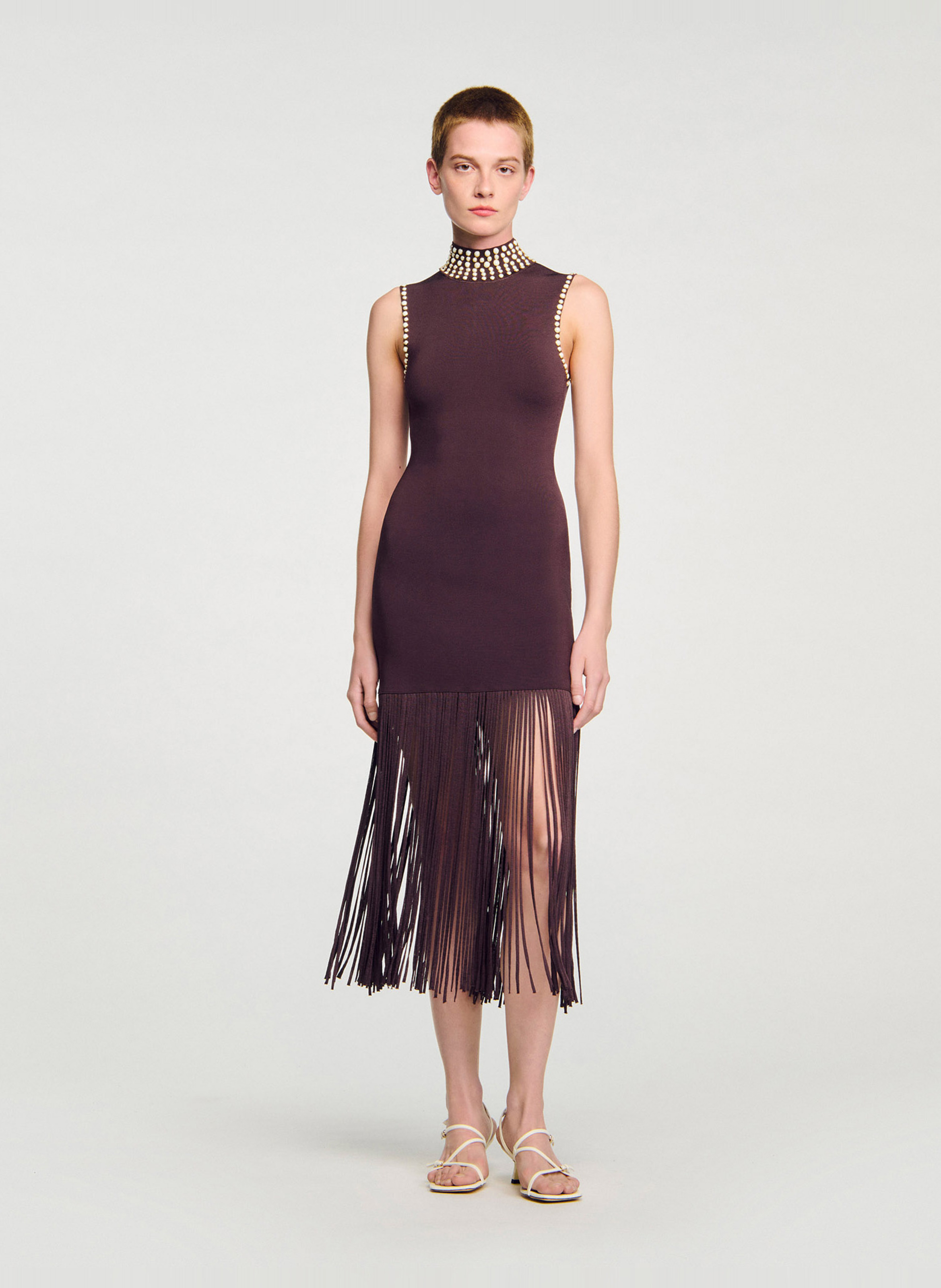 Robe midi moulante col montant SANDRO Marron