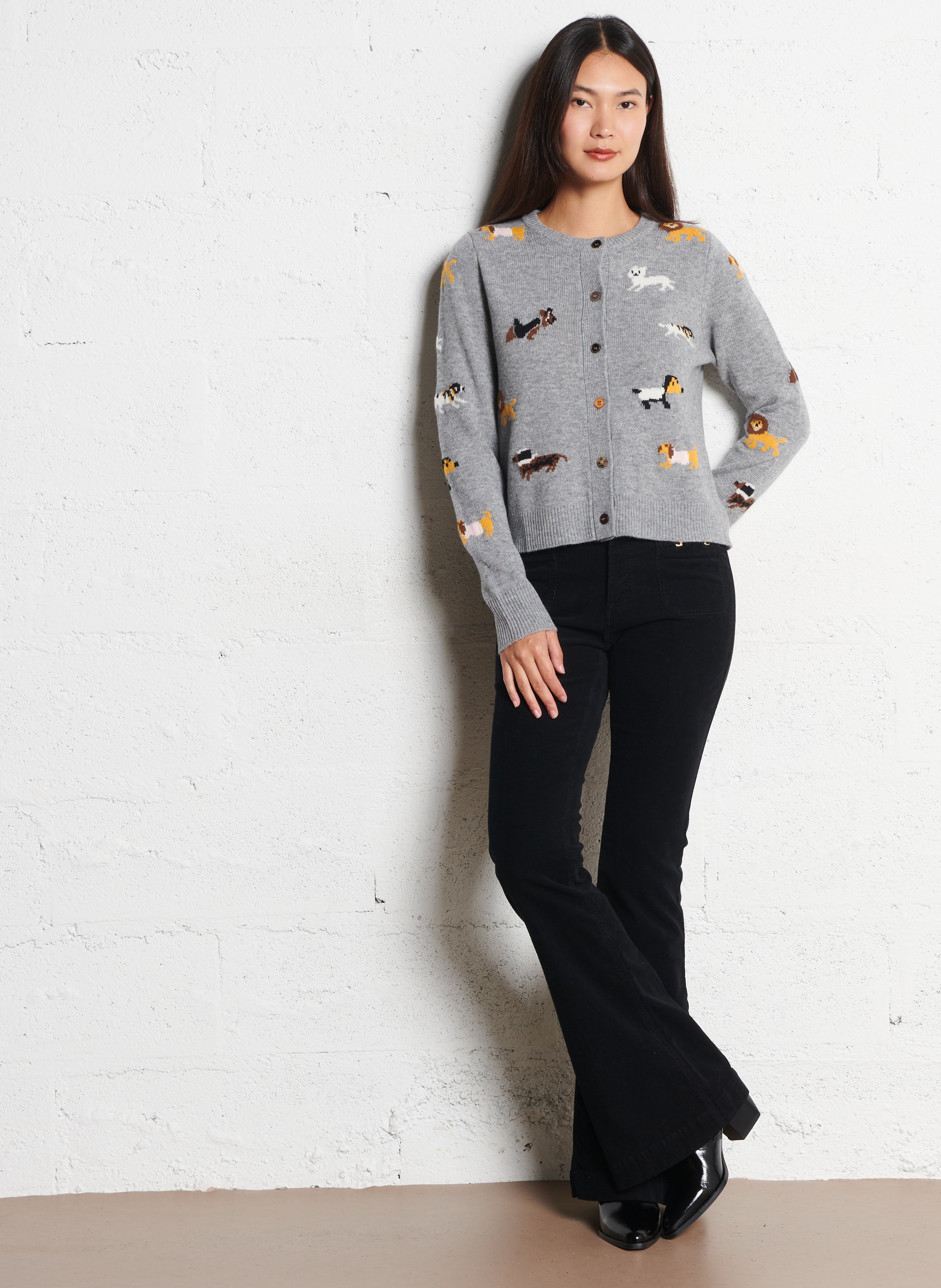 Gerade geschnittene Rundhals-Strickweste aus Merinowolle im Jacquardmuster BERENICE Grau