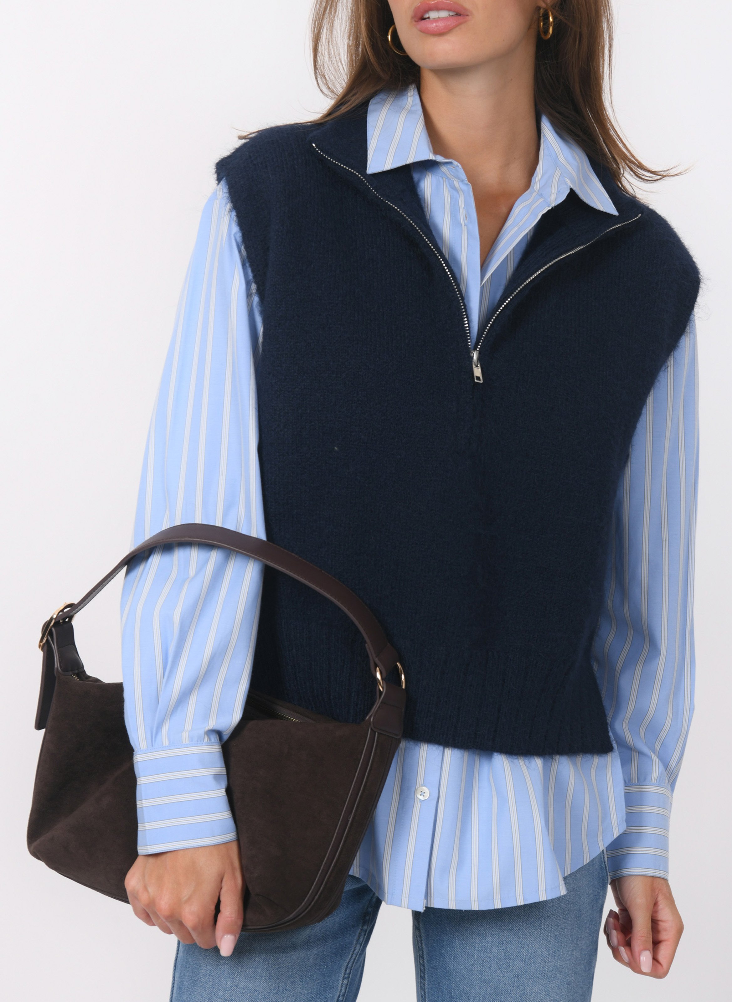 Straight high-neck knit cardigan Blue