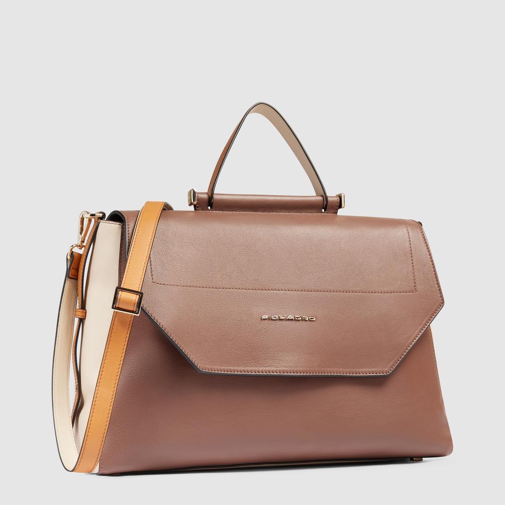 Women's leather satchel bag with laptop compartment, shockproof protection, and RFID shielding PIQUADRO Brown