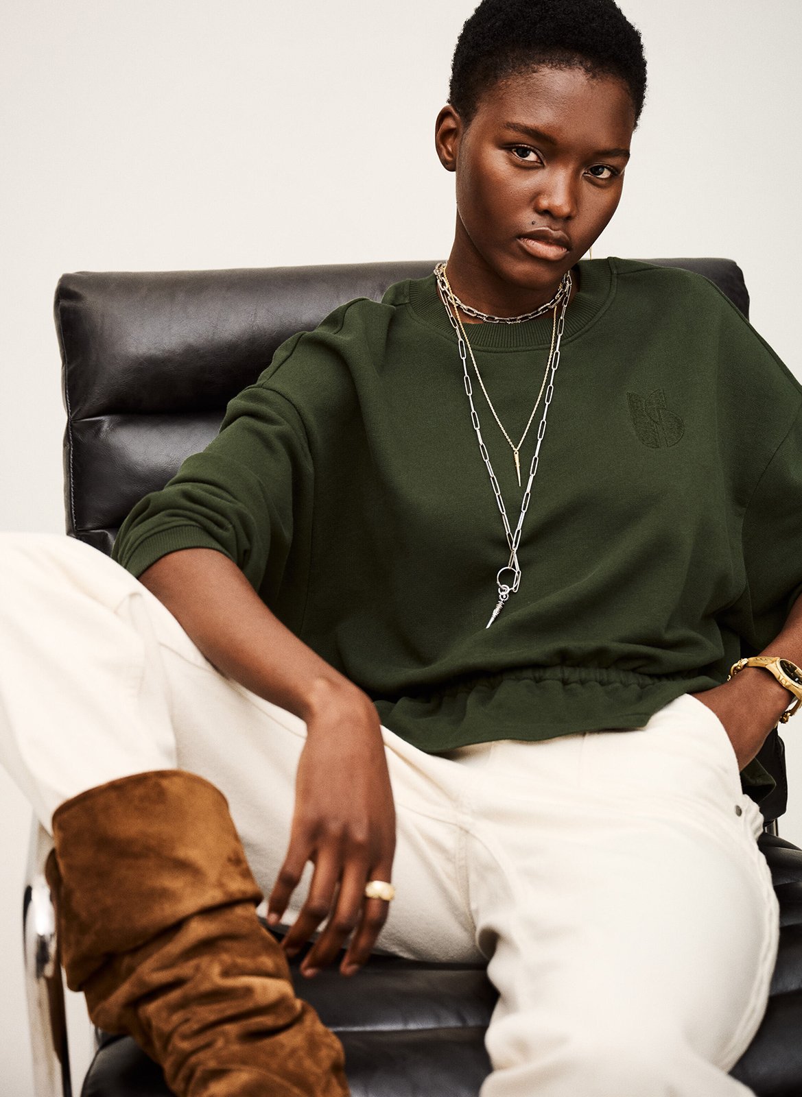 Sweat col rond en coton mélangé BA&SH Kaki