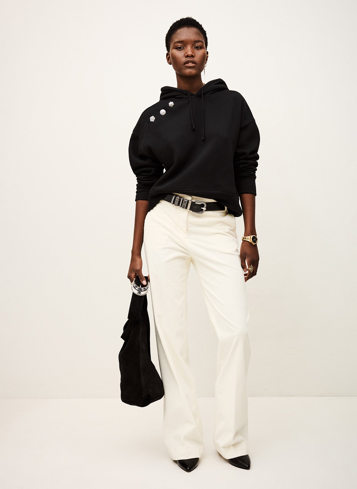 Sweat droit à capuche uni et boutons bijoux BA&SH Noir