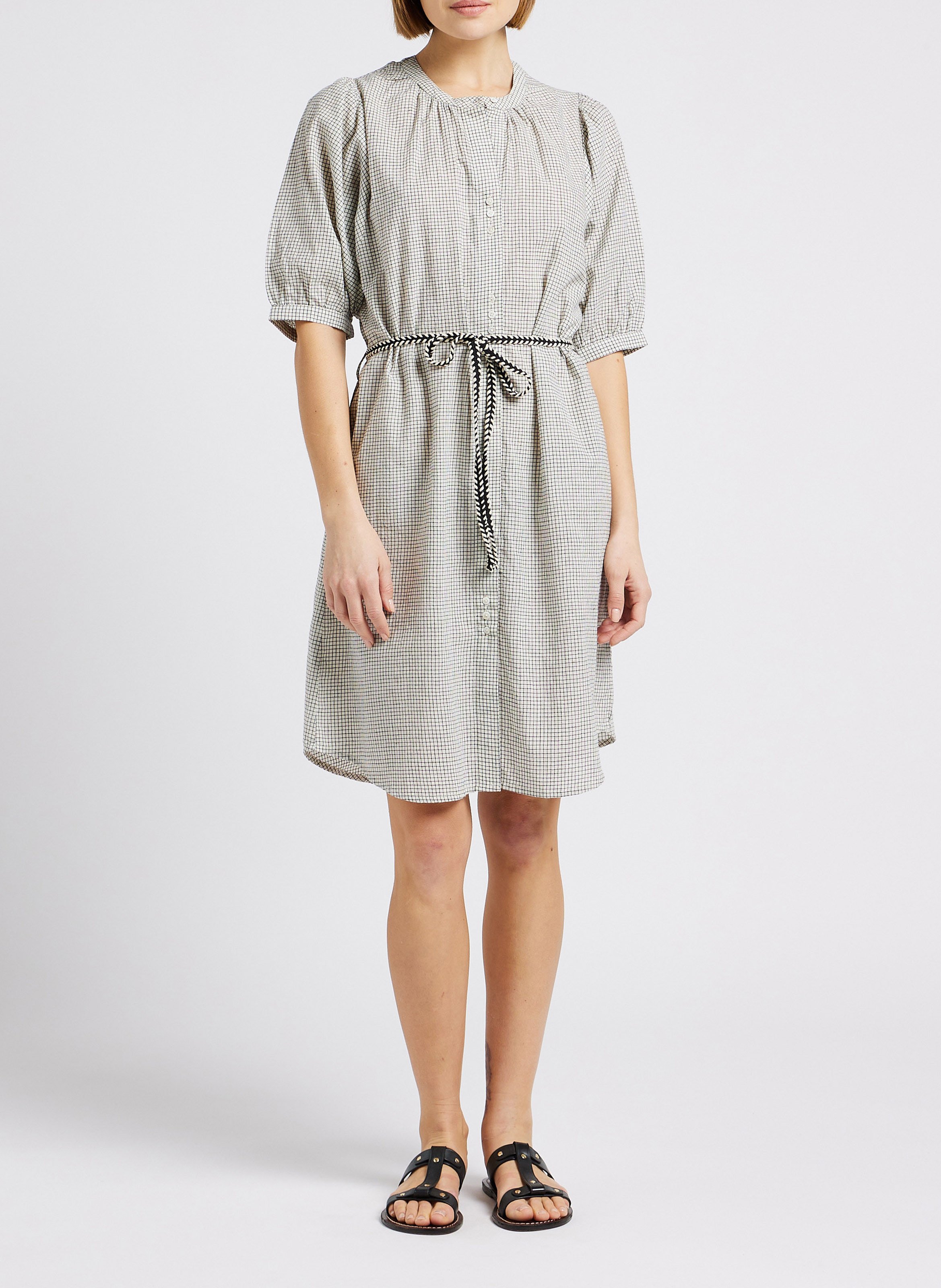 Ruimvallende, geruite, katoenen overhemdjurk met ronde hals Zwart