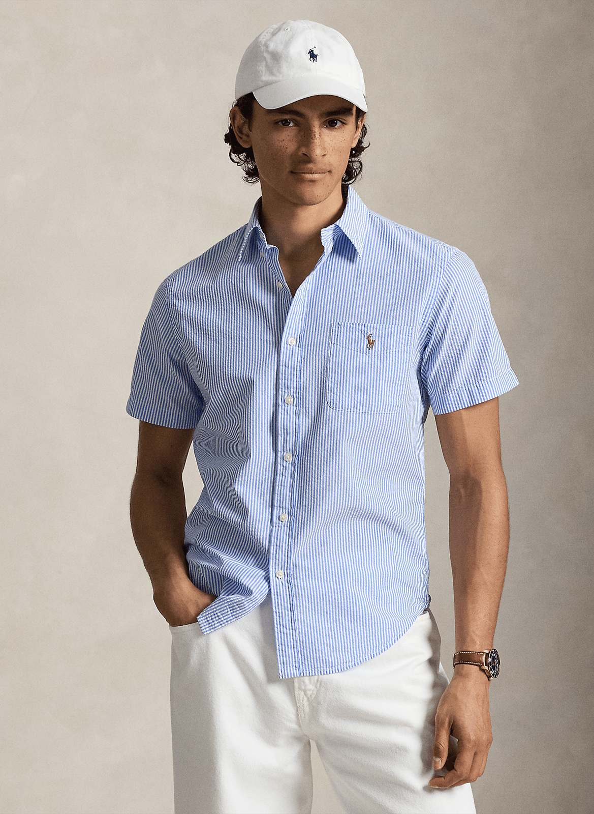 Chemise droite col classique en coton rayé POLO RALPH LAUREN Bleu