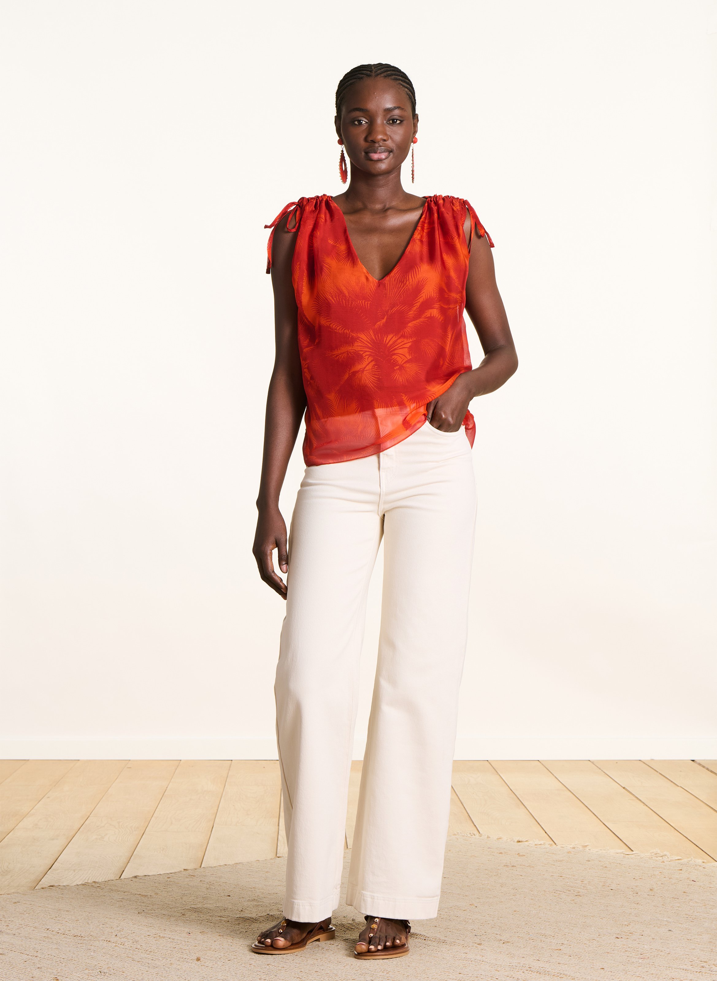 Top col V sans manches imprimé LA FEE MARABOUTEE Orange