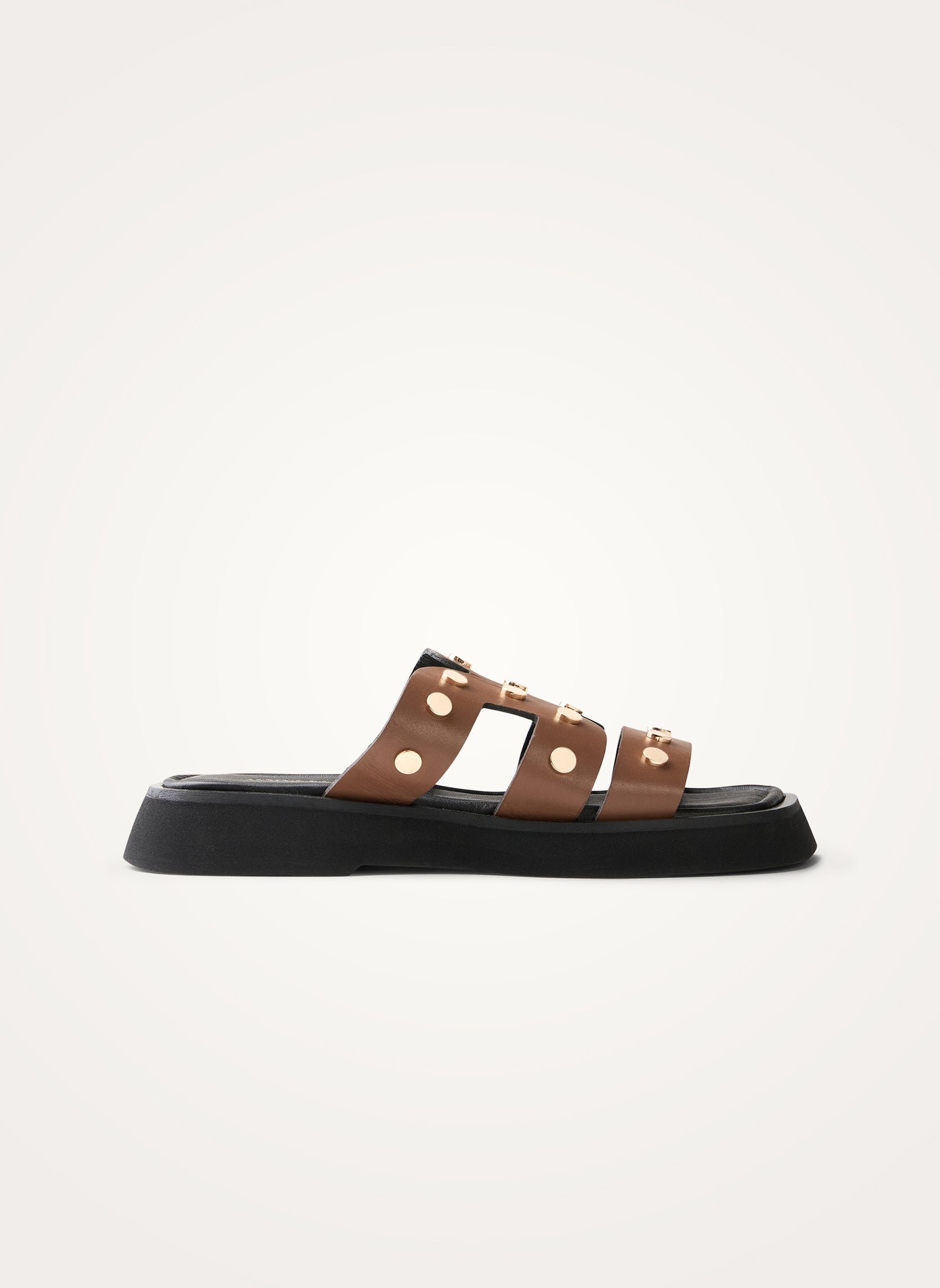 Flat leather mules with studded straps VANESSA WU Brown