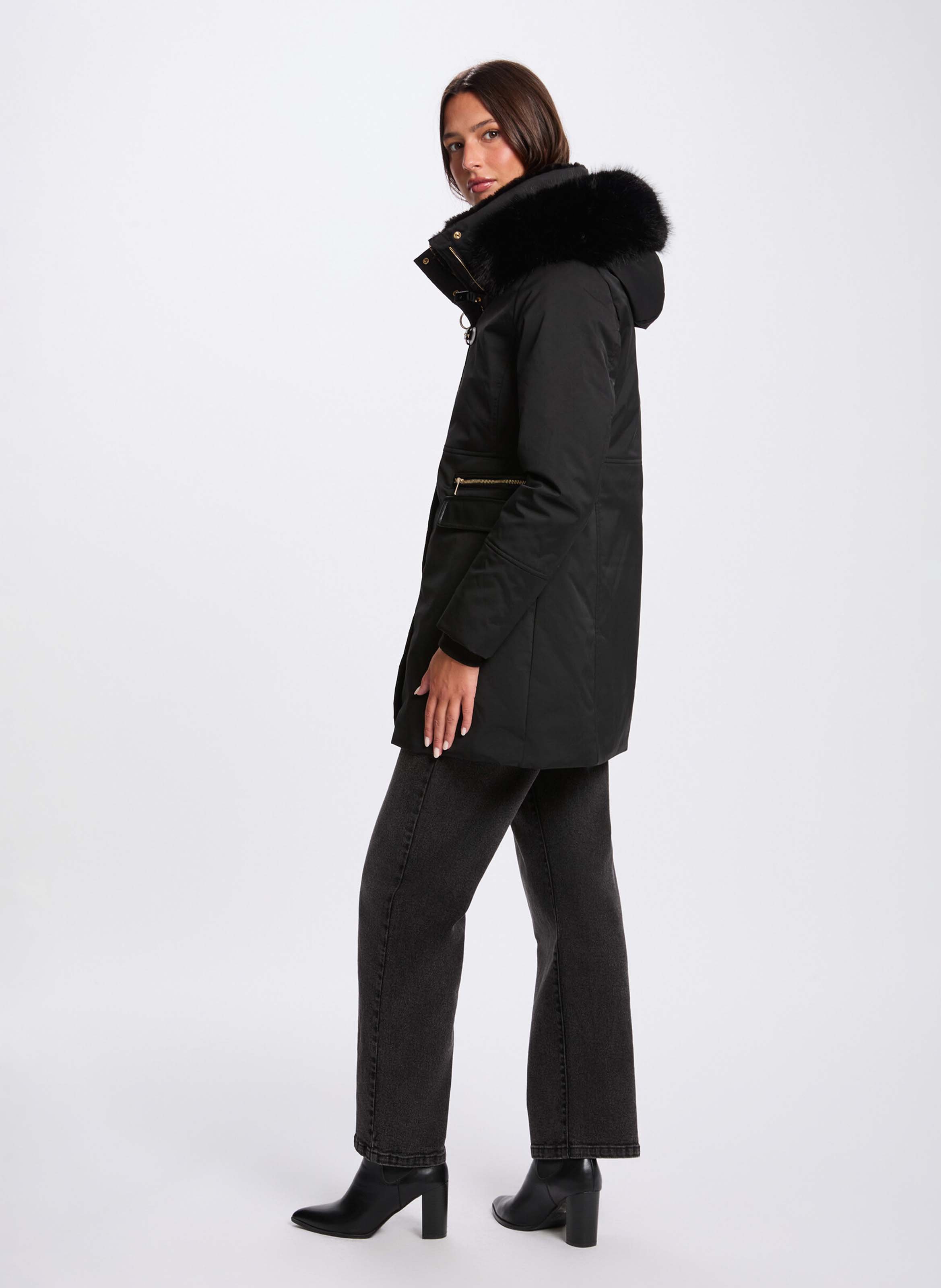 Manteau droit uni à capuche effet fourrure MORGAN Noir