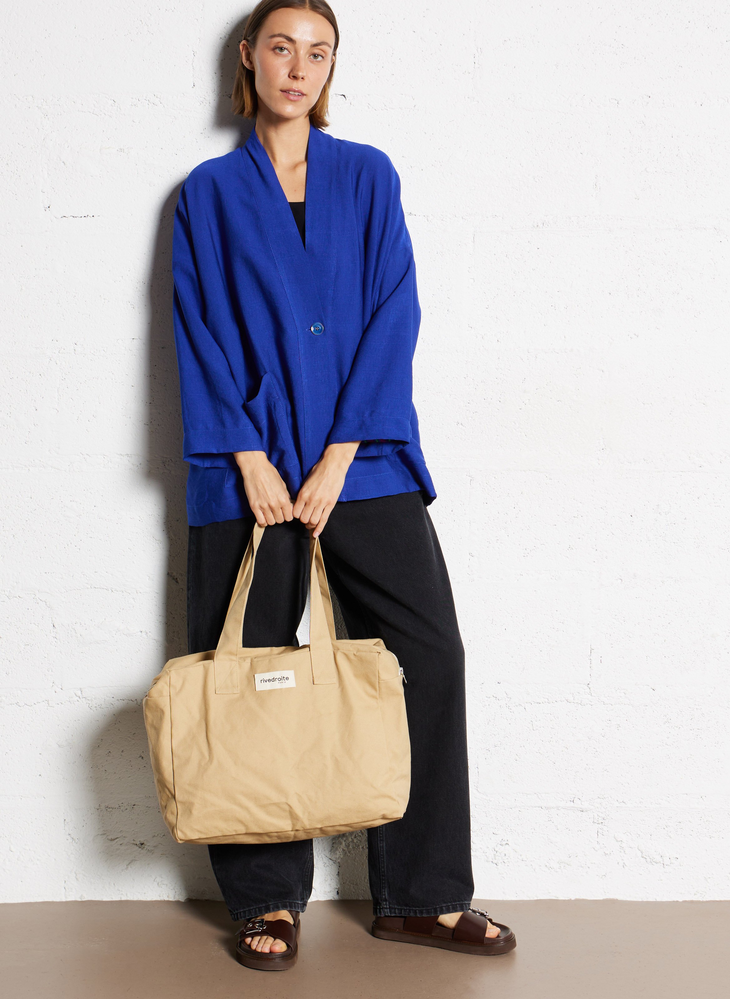 Sac week-end zippé en coton mélangé Beige