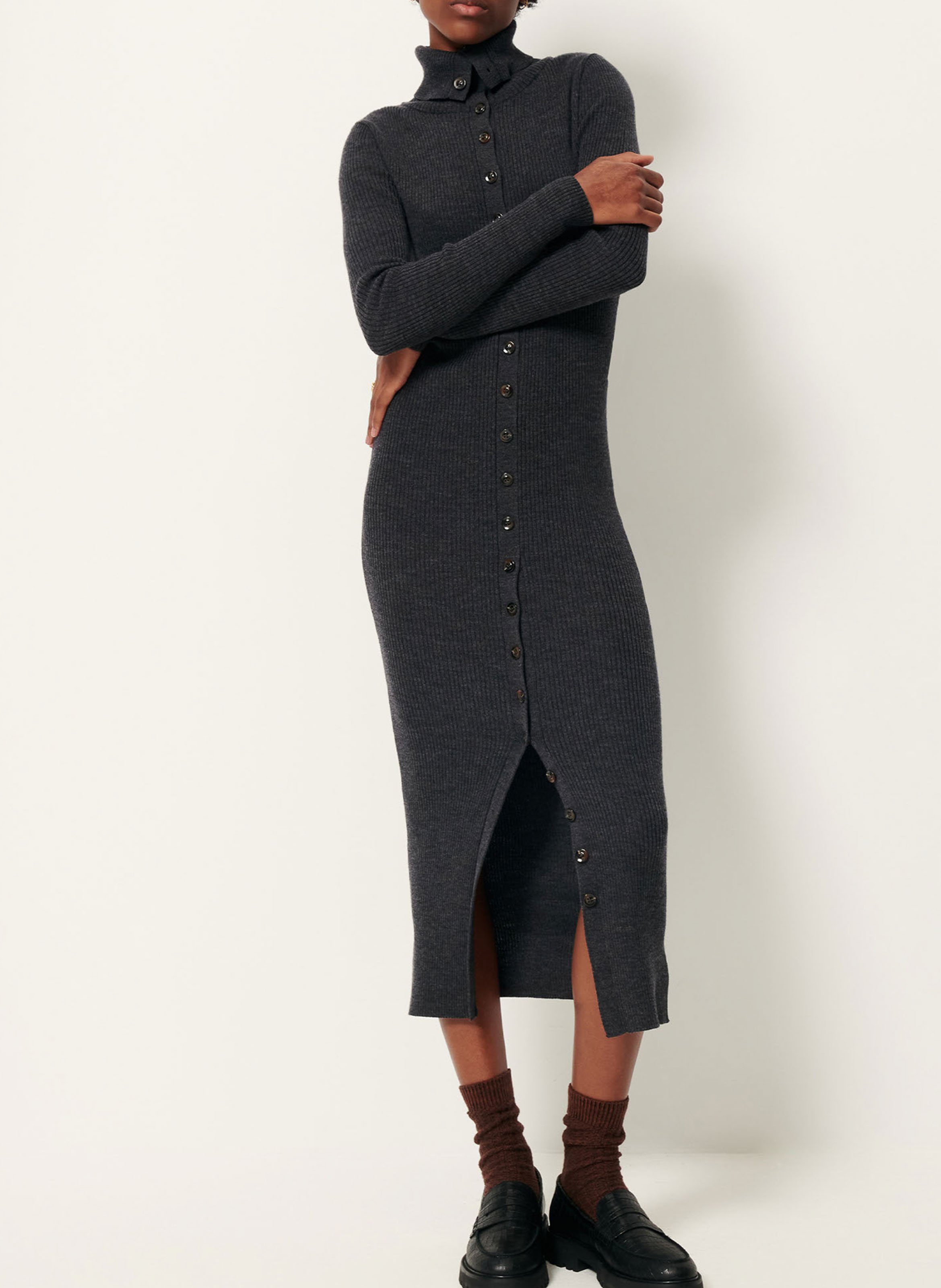Robe longue col montant en laine mérinos côtelée SESSUN Gris