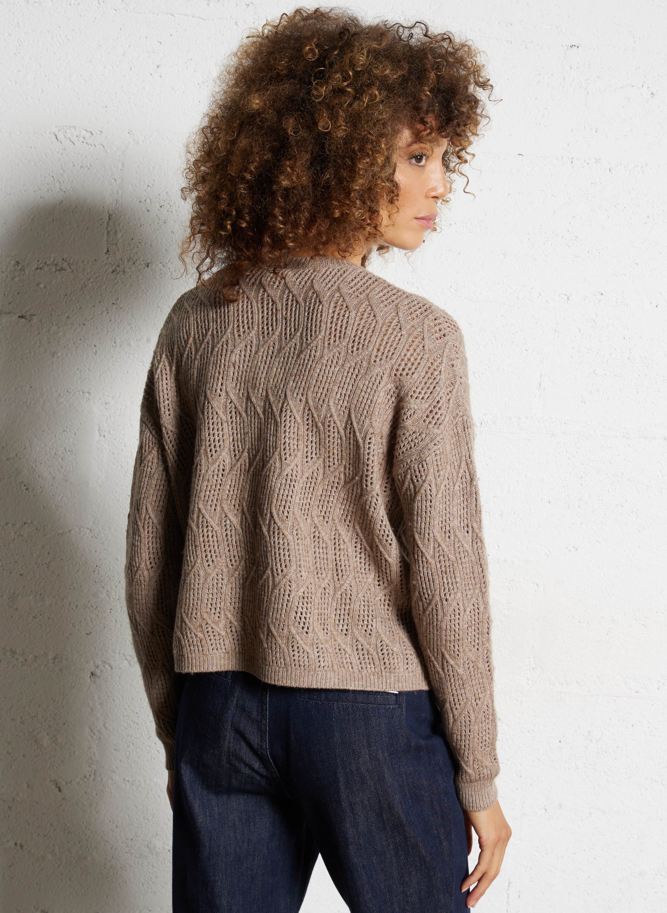 Pull ample col rond en maille ajourée IKKS Beige