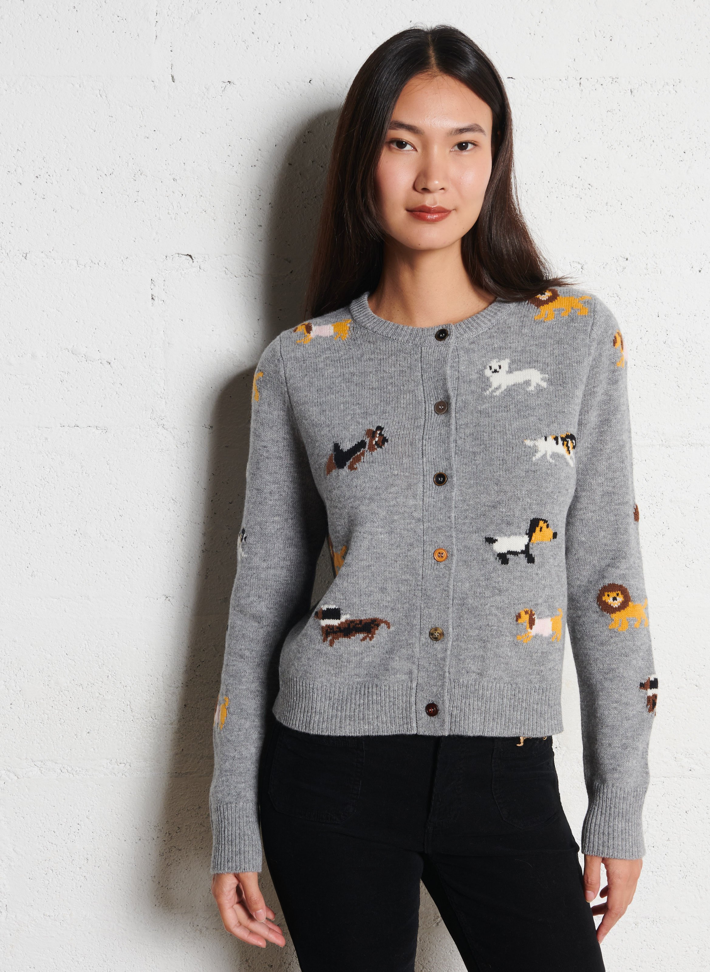 Gerade geschnittene Rundhals-Strickweste aus Merinowolle im Jacquardmuster BERENICE Grau