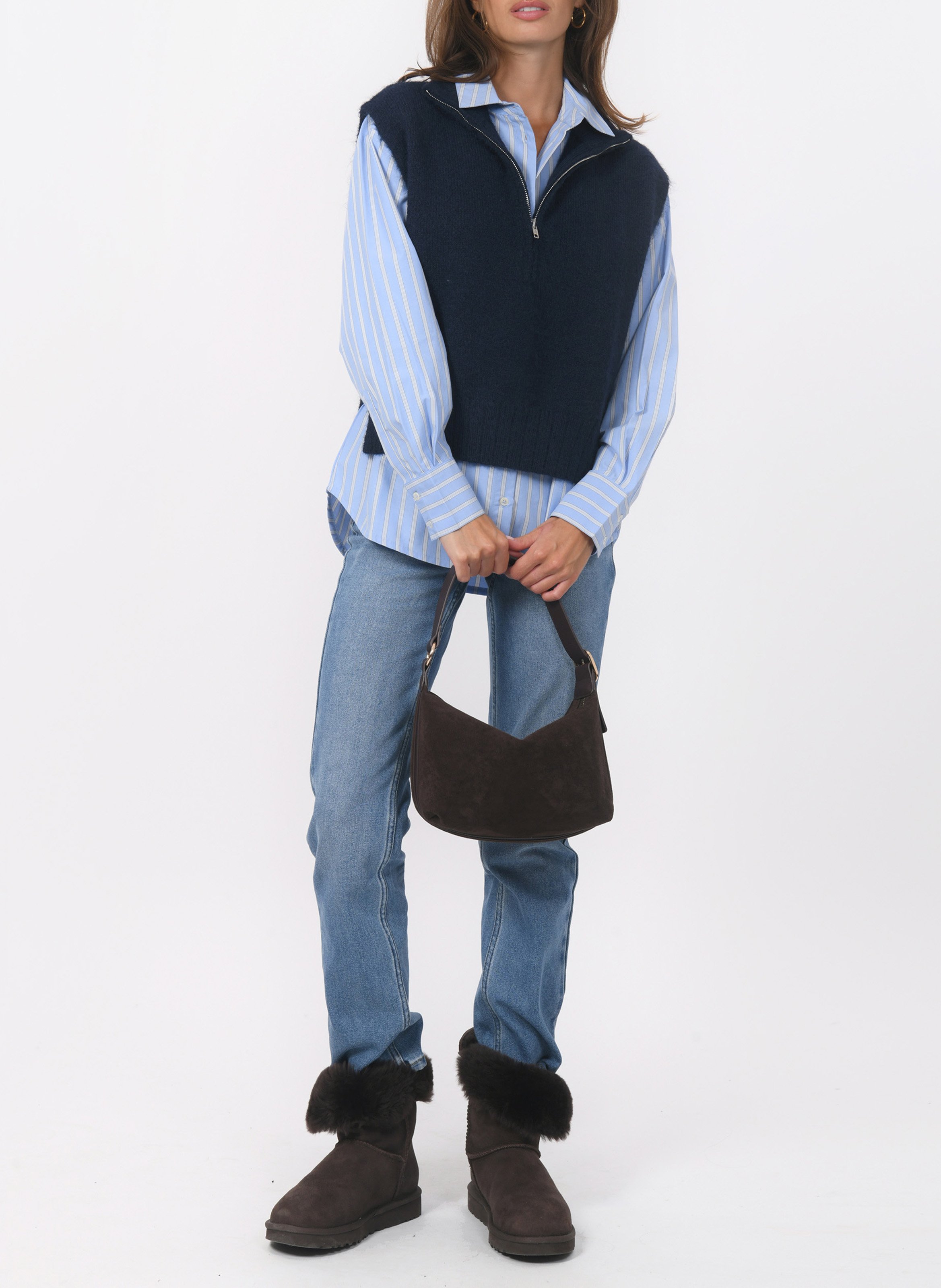 Straight high-neck knit cardigan Blue