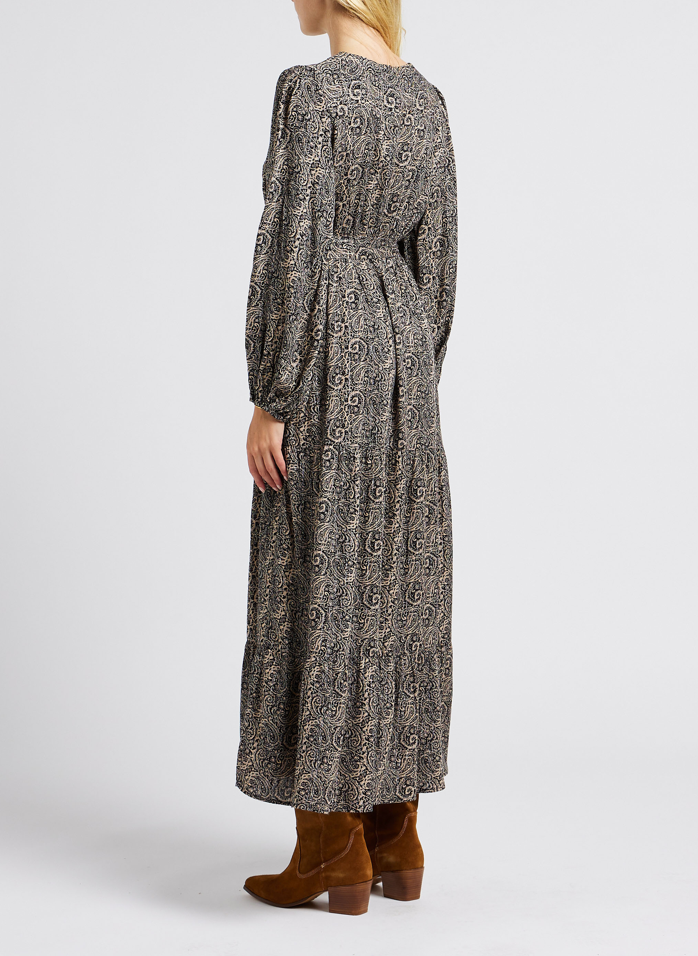 Long straight printed V-neck dress GRACE ET MILA Black