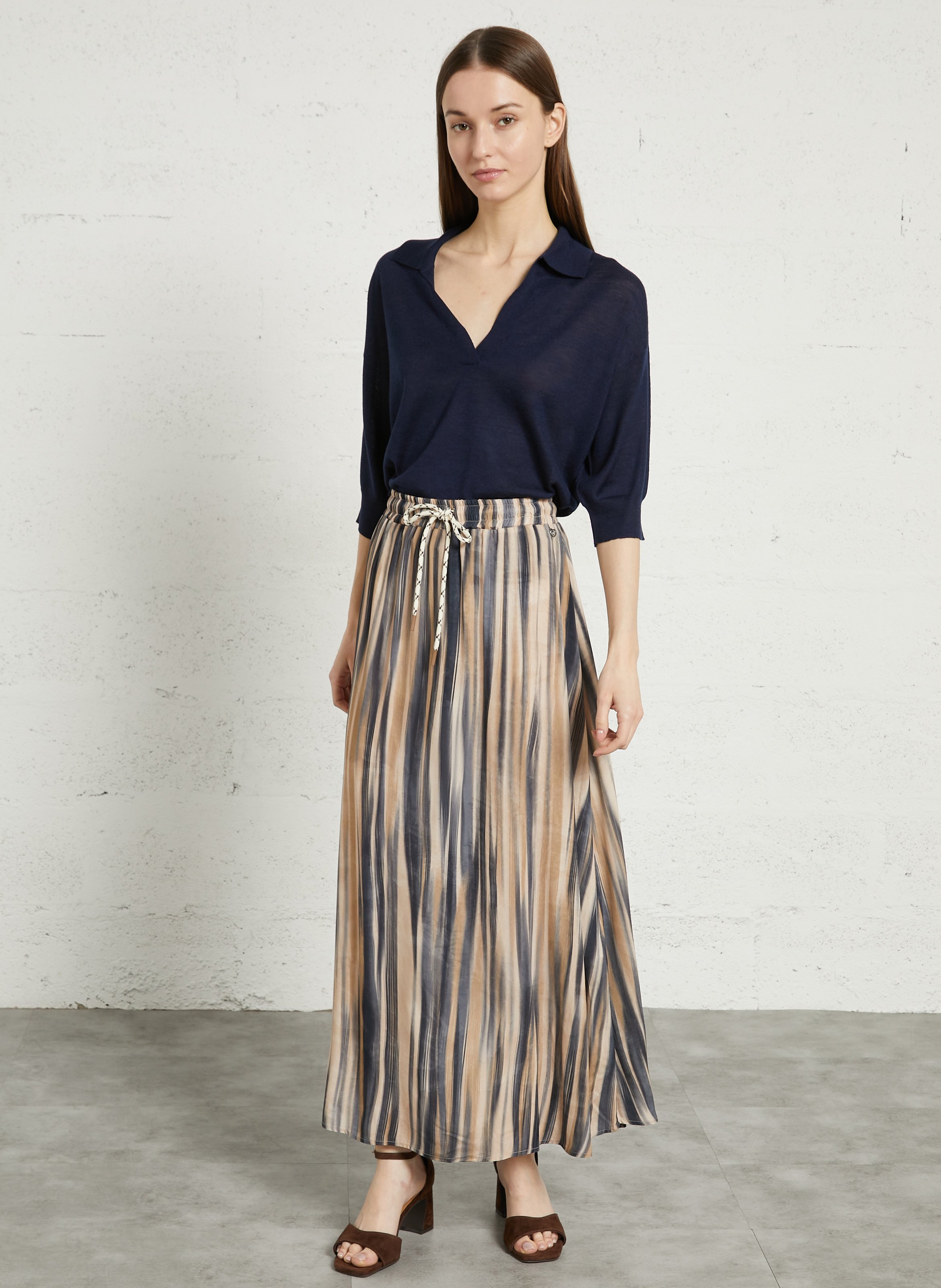 Wijde effen polo van wol en zijde MAJESTIC FILATURES Blauw