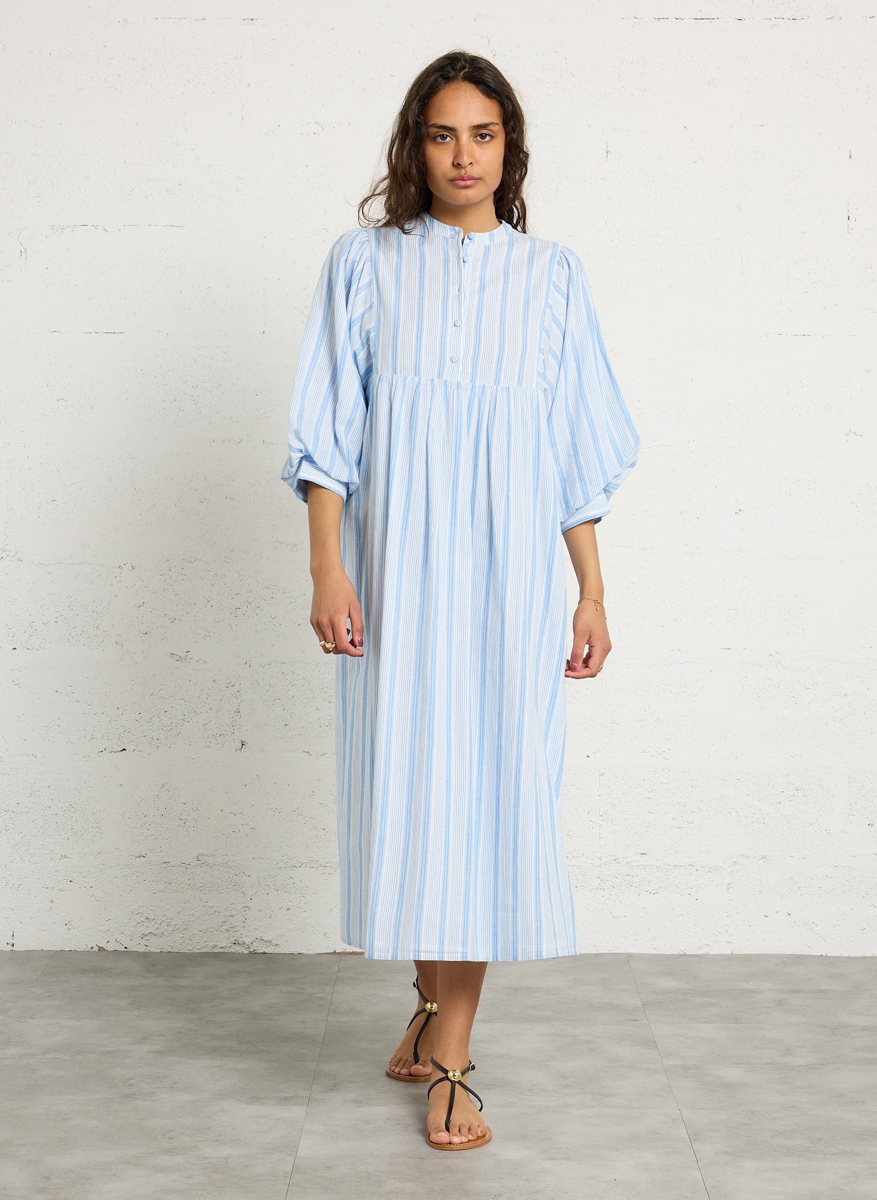 Robe longue col rond en coton rayé PETITE MENDIGOTE Bleu